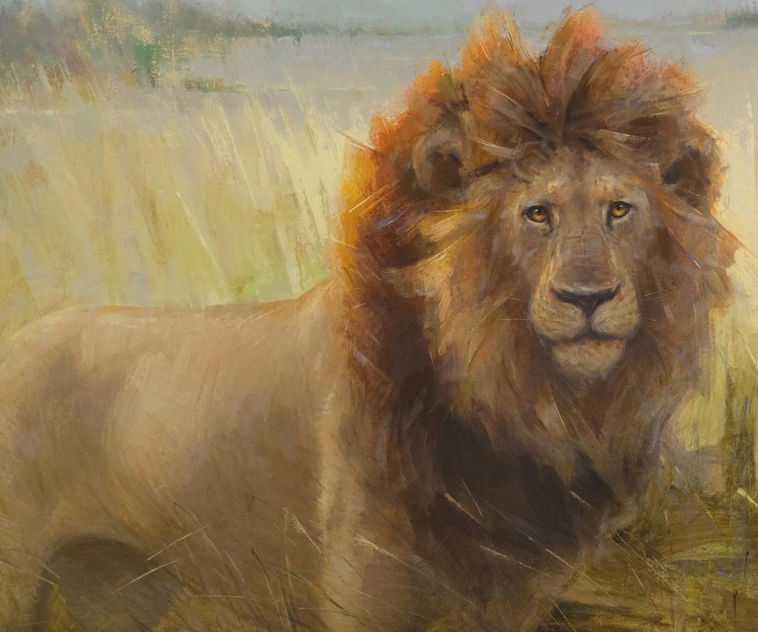 Le lion au Botswana, peinture à l'huile, 40 x 30 Huile, exposition sur la faune du Sud-Est  - Painting de Ignat Ignatov