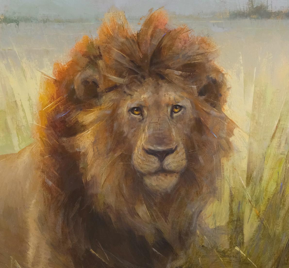 Le lion au Botswana, peinture à l'huile, 40 x 30 Huile, exposition sur la faune du Sud-Est  - Marron Animal Painting par Ignat Ignatov