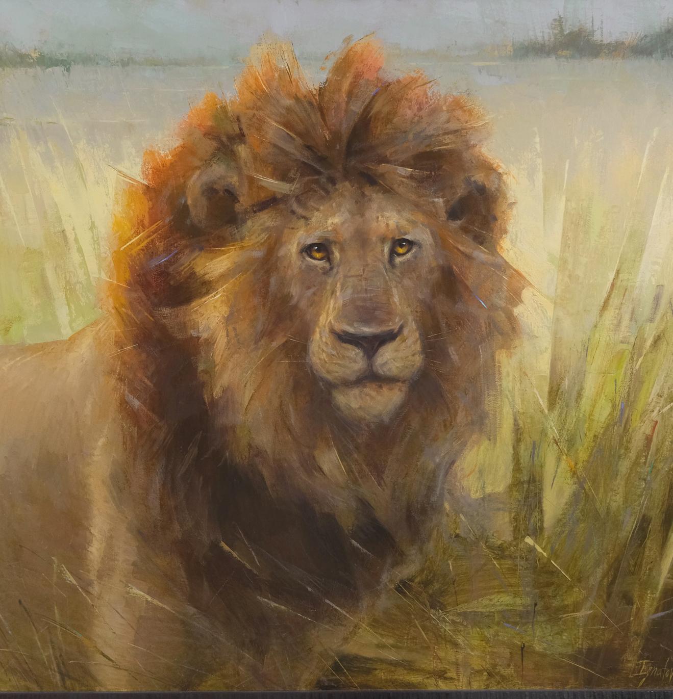 Cette œuvre d'art  a été peinte à partir d'une photo que le galeriste avait prise lors d'un safari photo au Botswana.  Le groupe a marché pendant environ 45 minutes, puis les guides sont arrivés et ont vu ce magnifique lion.  et des lionnes. Le