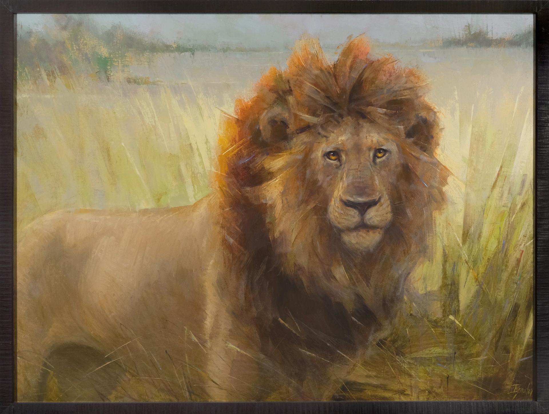 Animal Painting Ignat Ignatov - Le lion au Botswana, peinture à l'huile, 40 x 30 Huile, exposition sur la faune du Sud-Est 