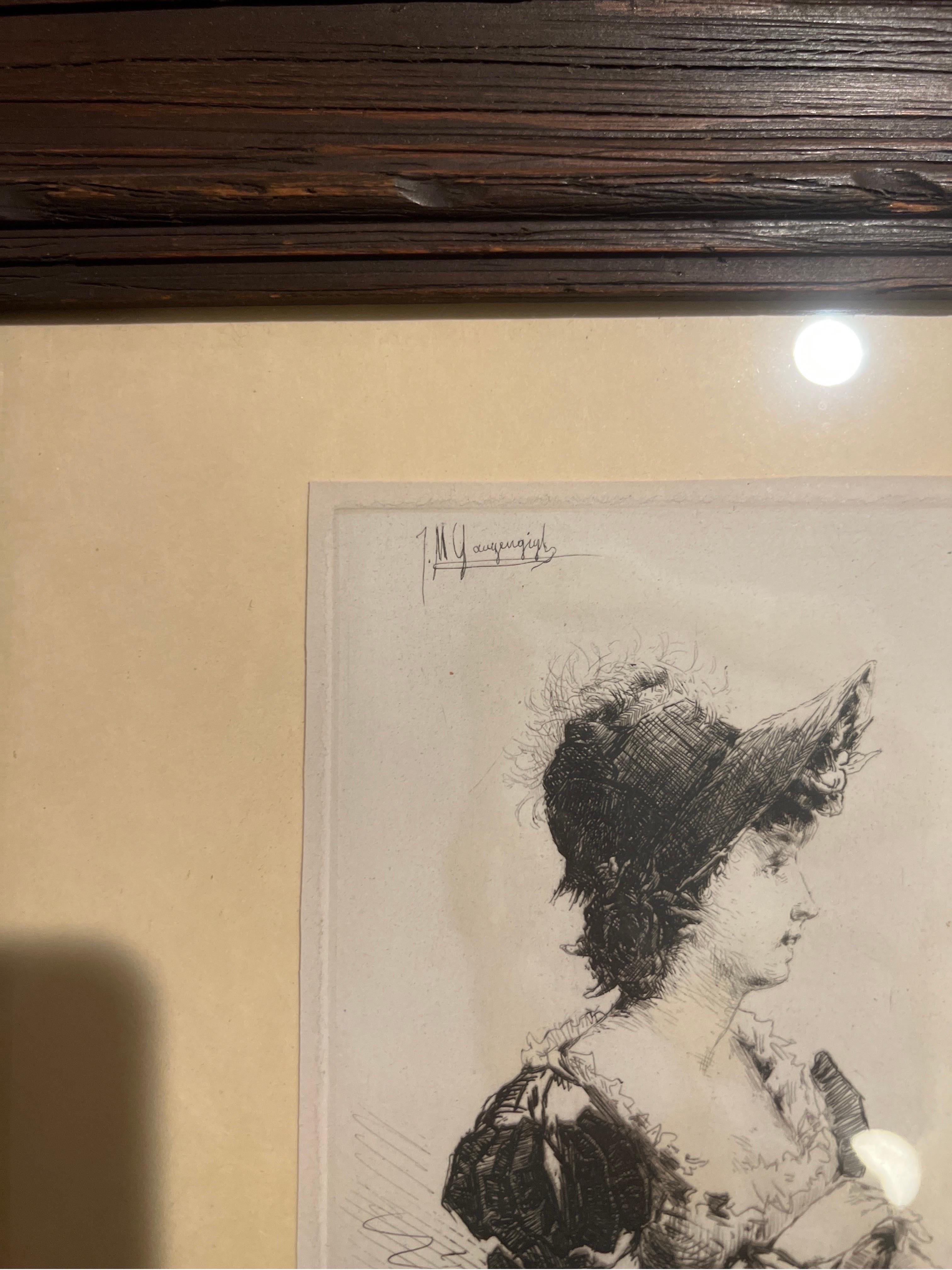 Ignaz Marcel Gaugengigl (German, 1855-1932) Profile of a Women Drypoint etching In Good Condition For Sale In Atlanta, GA