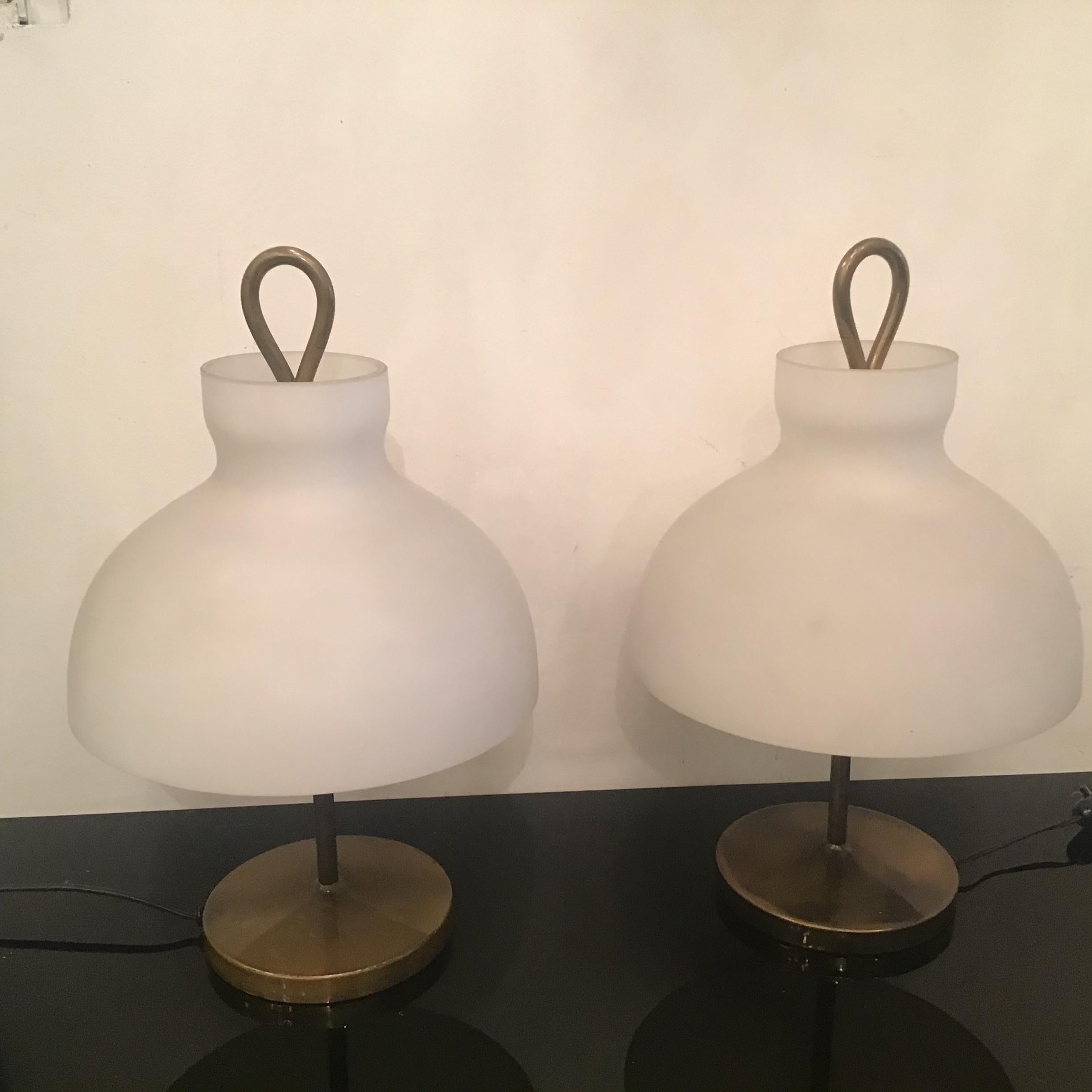 Ignazio Gardella Arenzano Azucena Table Lamps Brass Opaline Glass 1956 Italy 12
