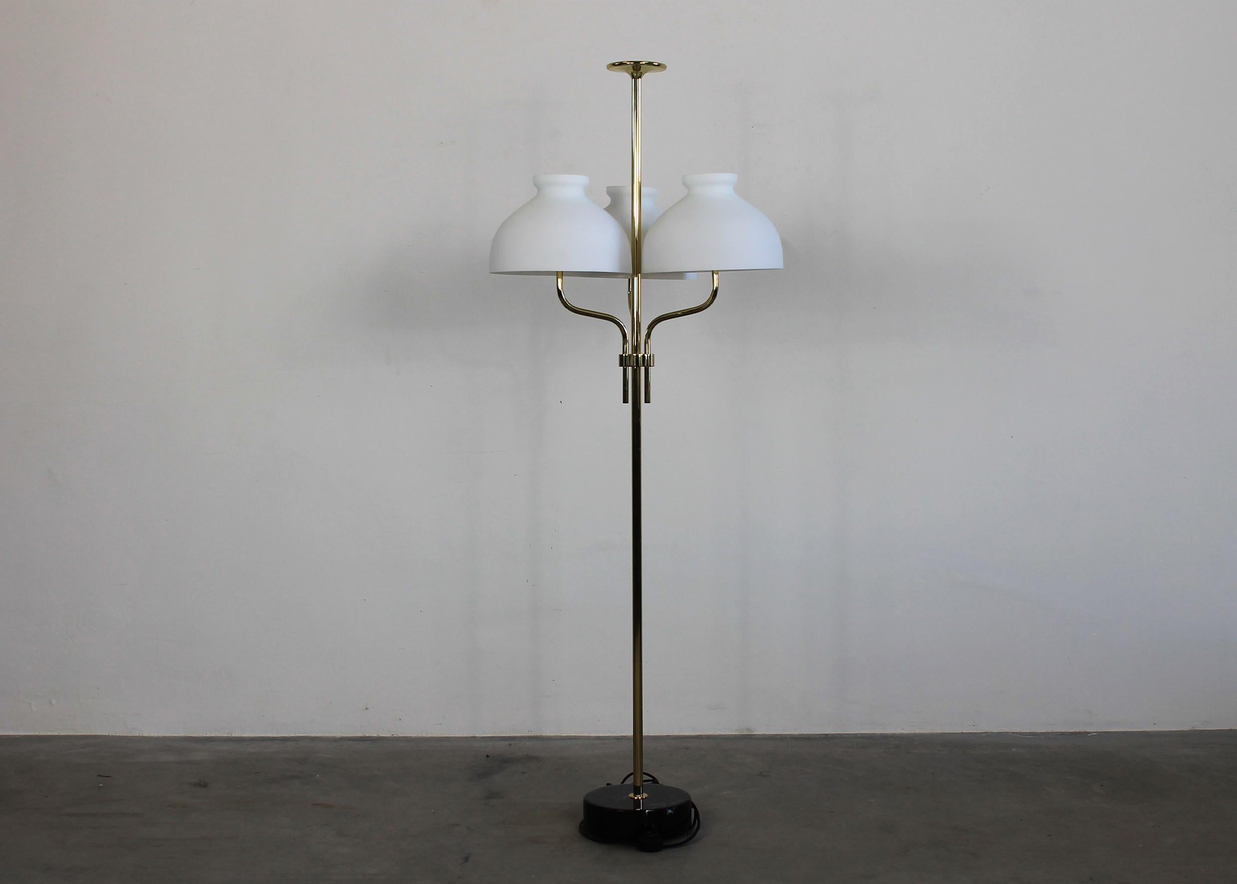 Arenzano floor lamp with a brass stem, a round-shaped base in black marble, and three lampshades in opaline glass. 

This lamp has an elegant structure in tubular brass, curved and split on the top side to hold three delicate opaline lampshades,