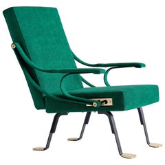 Ignazio Gardella ''Digamma'' Armchair in Emerald Green Lelièvre Fabric and Brass