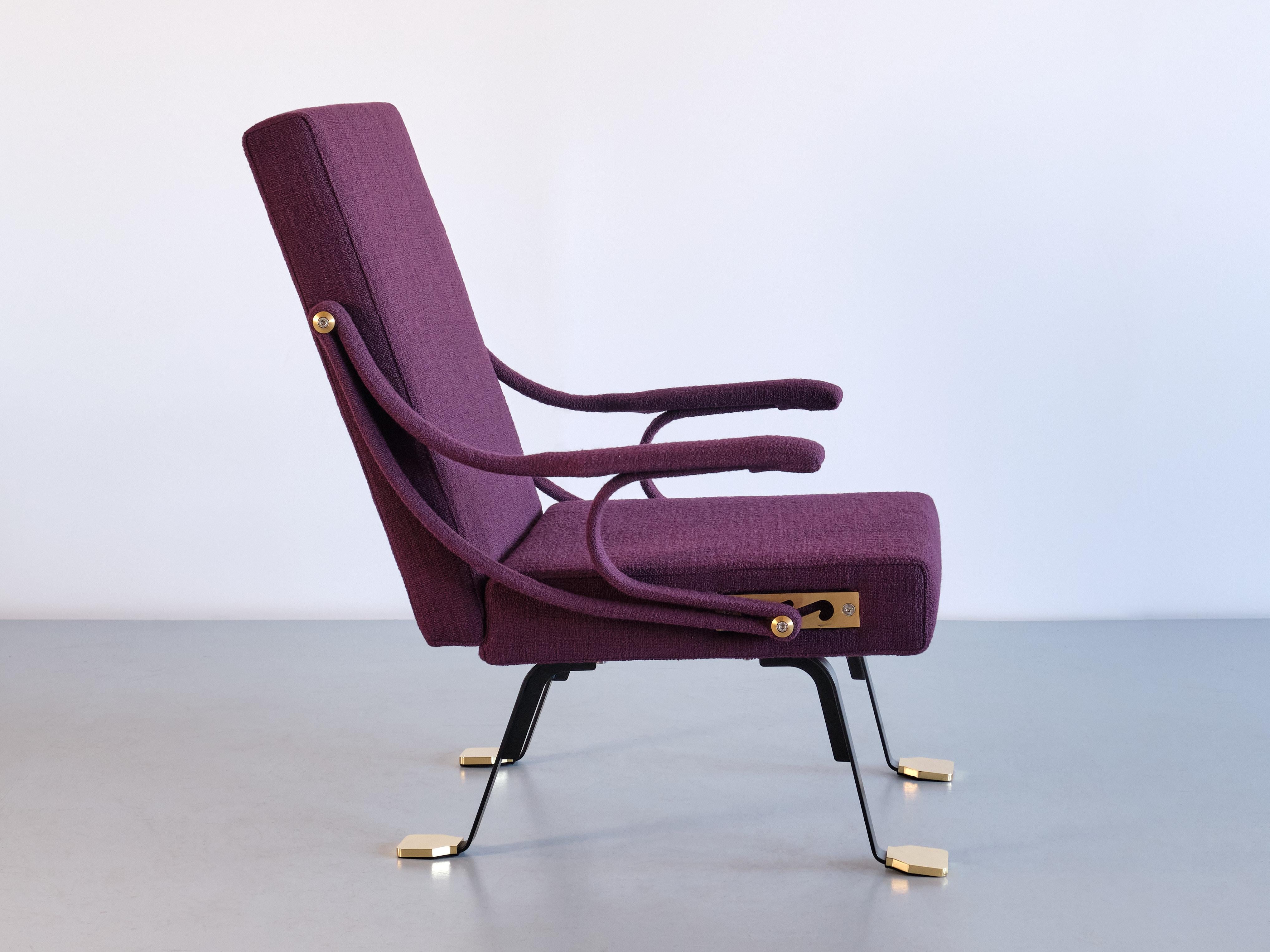 Mid-Century Modern Ignazio Gardella 'Digamma' Armchair in Purple Dedar Fabric and Brass, 2022 For Sale