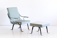 Ignazio Gardella Digamma Lounge Chair and Ottoman in Turquoise Donghia Velvet