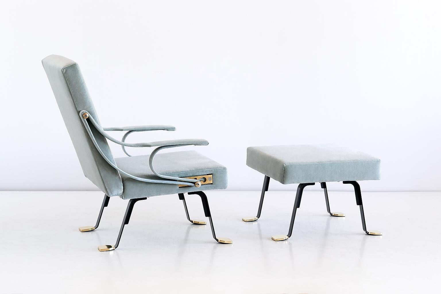 Mid-Century Modern Ignazio Gardella Digamma Lounge Chair and Ottoman in Turquoise Donghia Velvet