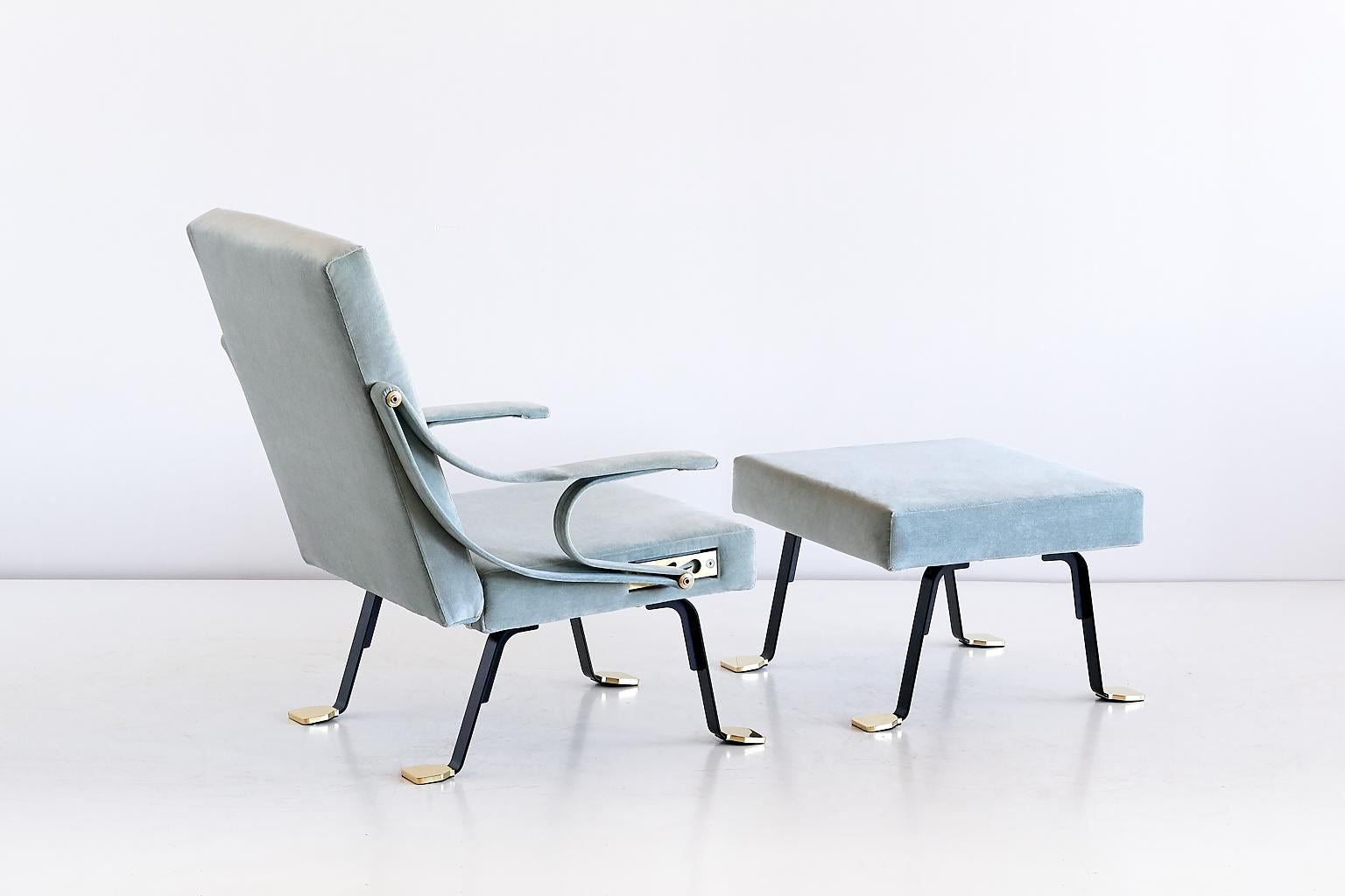 Spanish Ignazio Gardella Digamma Lounge Chair and Ottoman in Turquoise Donghia Velvet