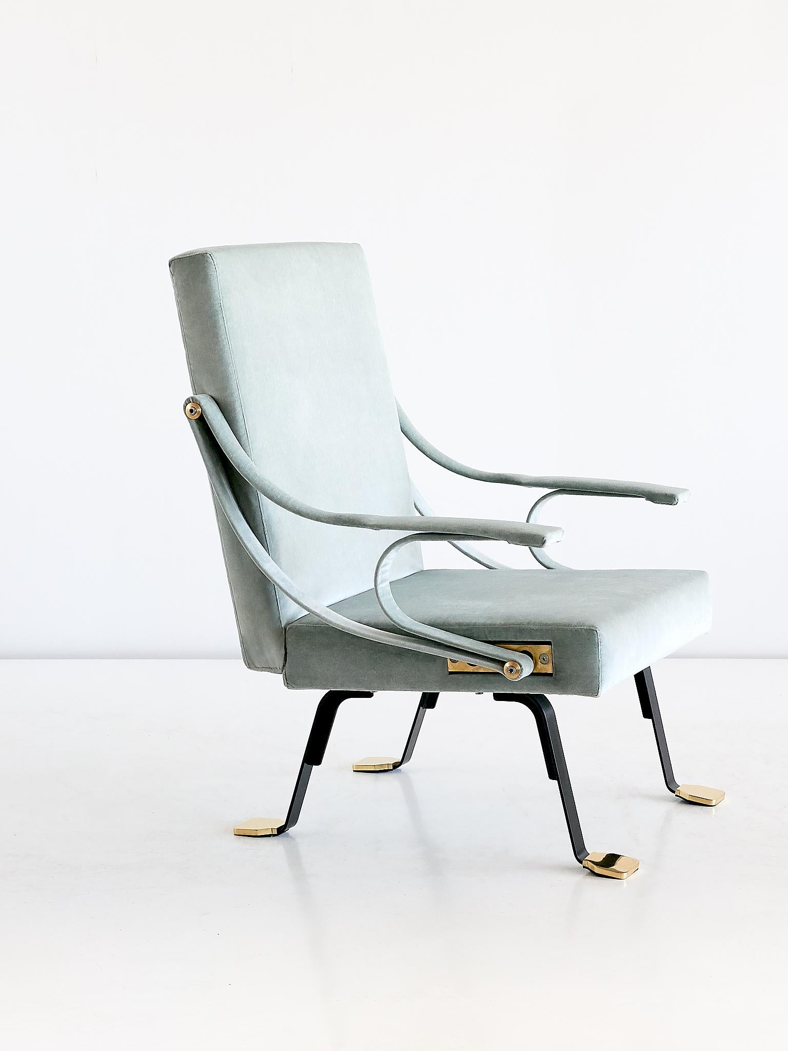 Metal Ignazio Gardella Digamma Lounge Chair and Ottoman in Turquoise Donghia Velvet