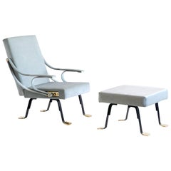 Chaise longue et pouf Digamma de Ignazio Gardella en velours donghia turquoise