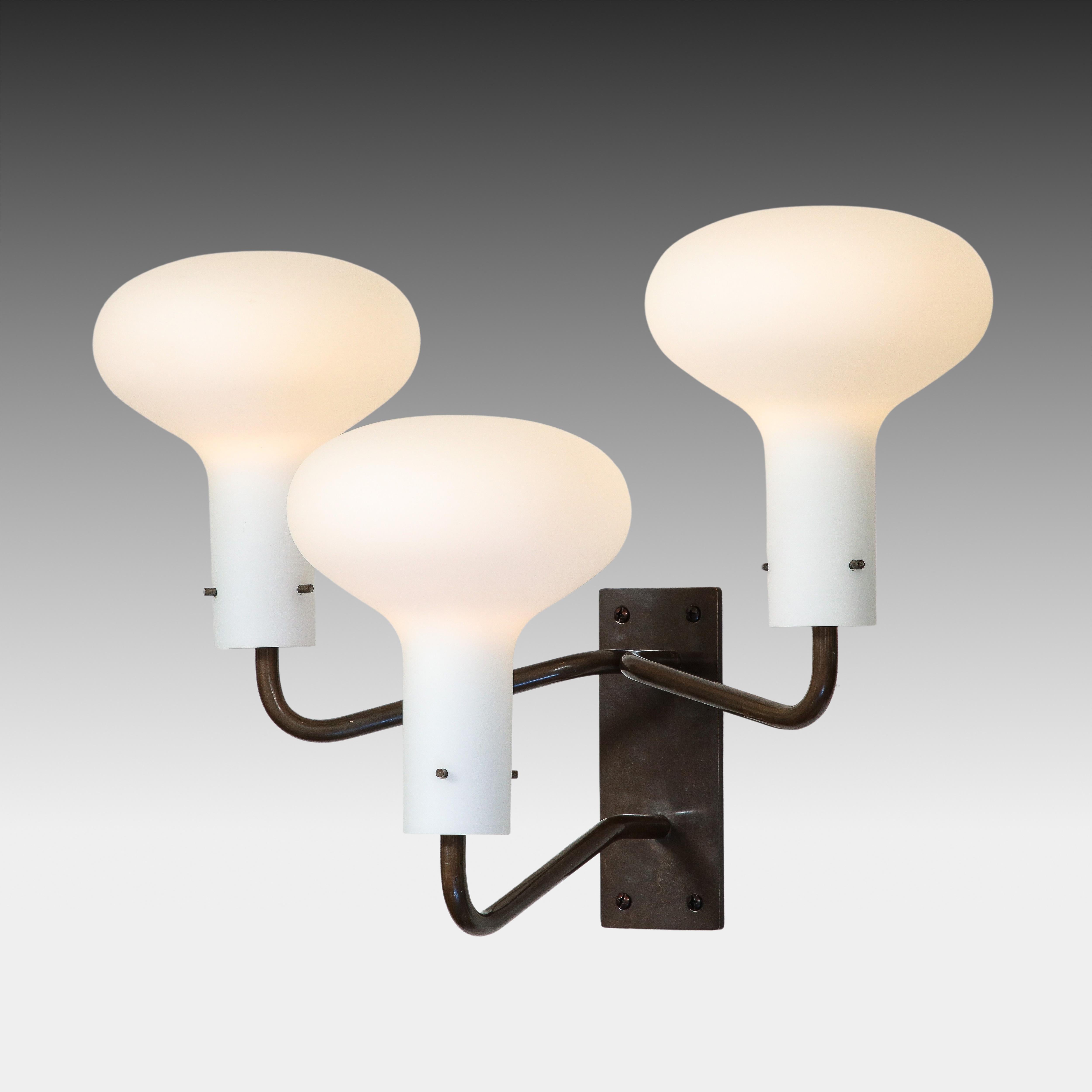 Frosted Ignazio Gardella for Azucena Pair of Three Arm Wall Lights Model LP12, 1950s For Sale