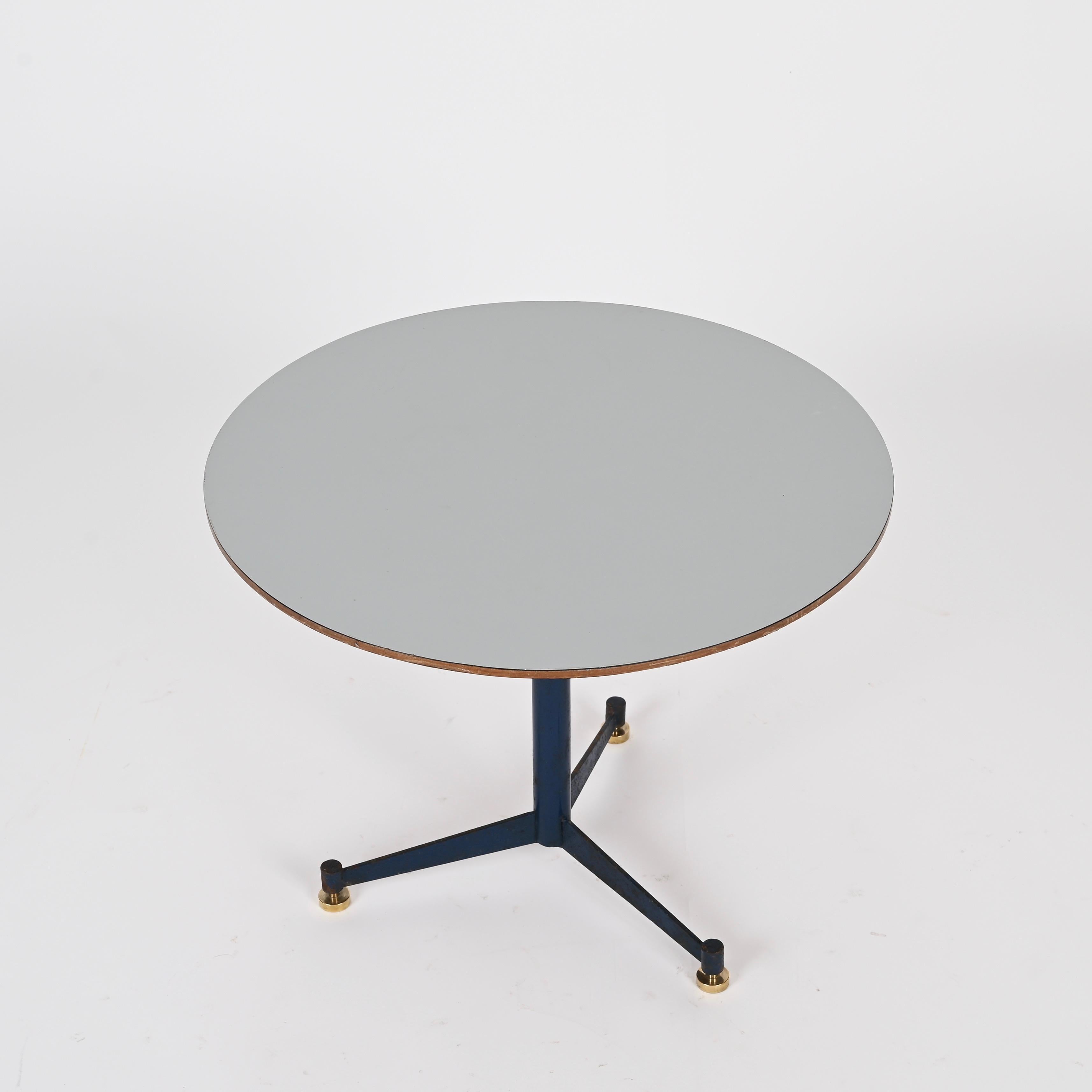 Ignazio Gardella Italienischer Dreibein-Beistelltisch aus blauem Metall mit Laminatplatte, 1950er Jahre (Moderne der Mitte des Jahrhunderts) im Angebot