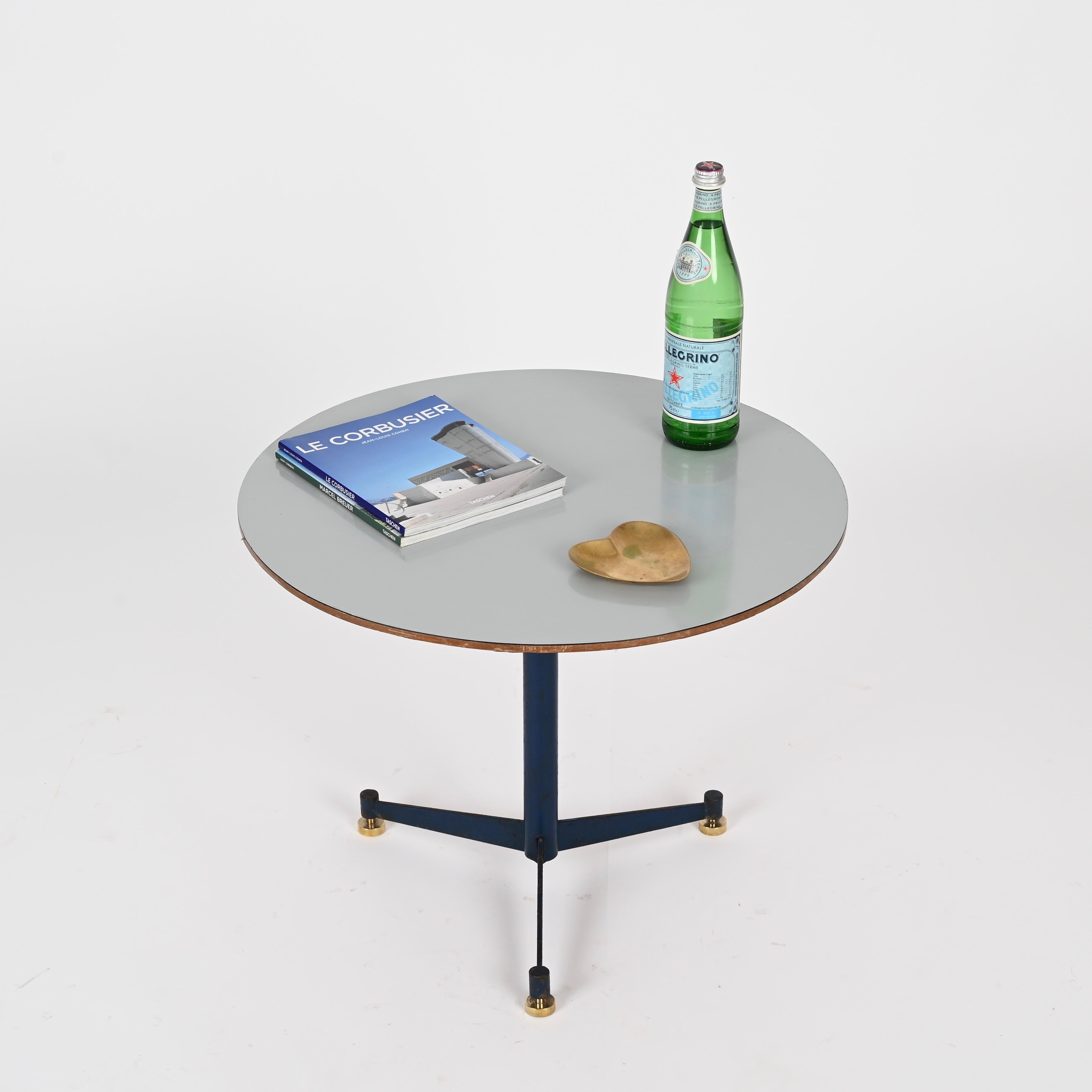 Ignazio Gardella Italienischer Dreibein-Beistelltisch aus blauem Metall mit Laminatplatte, 1950er Jahre (Europäisch) im Angebot