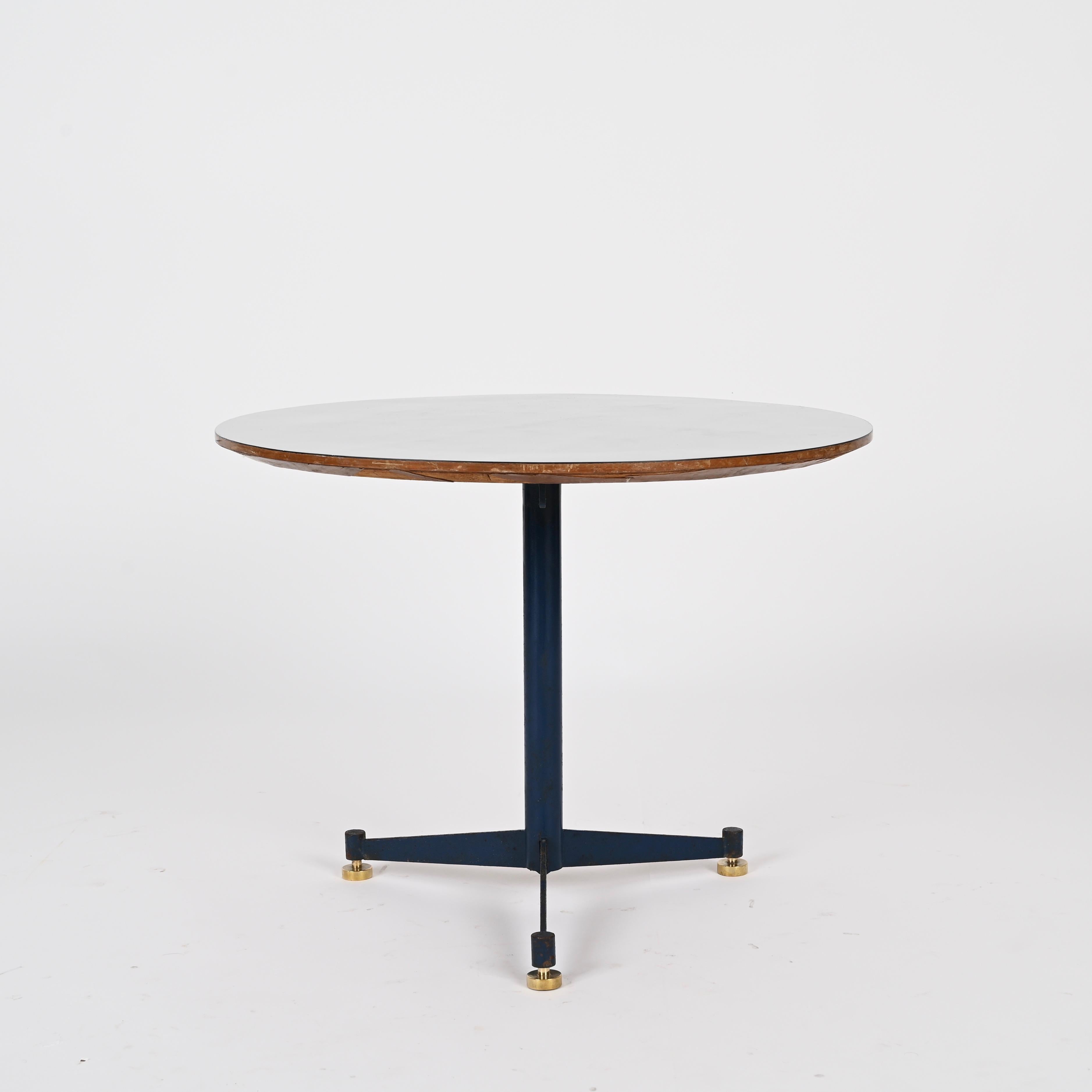 Ignazio Gardella Italienischer Dreibein-Beistelltisch aus blauem Metall mit Laminatplatte, 1950er Jahre (Messing) im Angebot