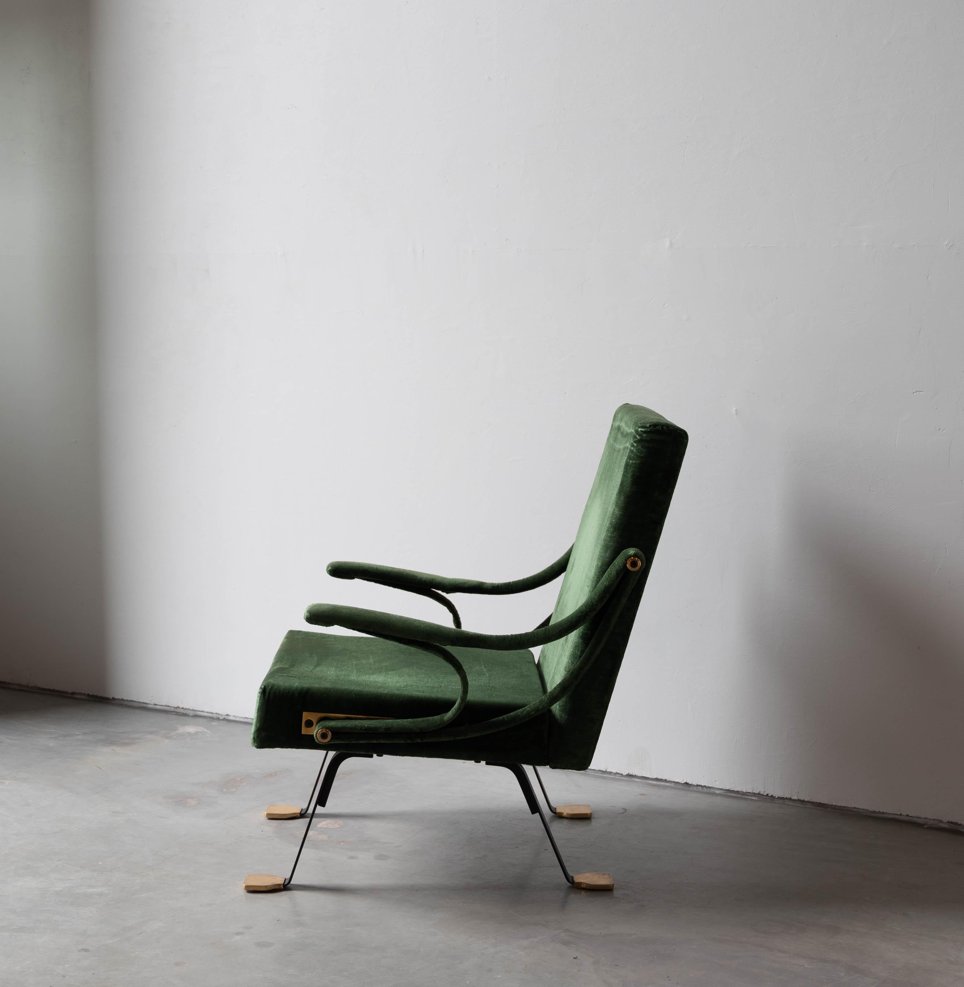 Italian Ignazio Gardella, Lounge Chair, Brass, Metal, Green Velvet, Gavina, Italy, 1957