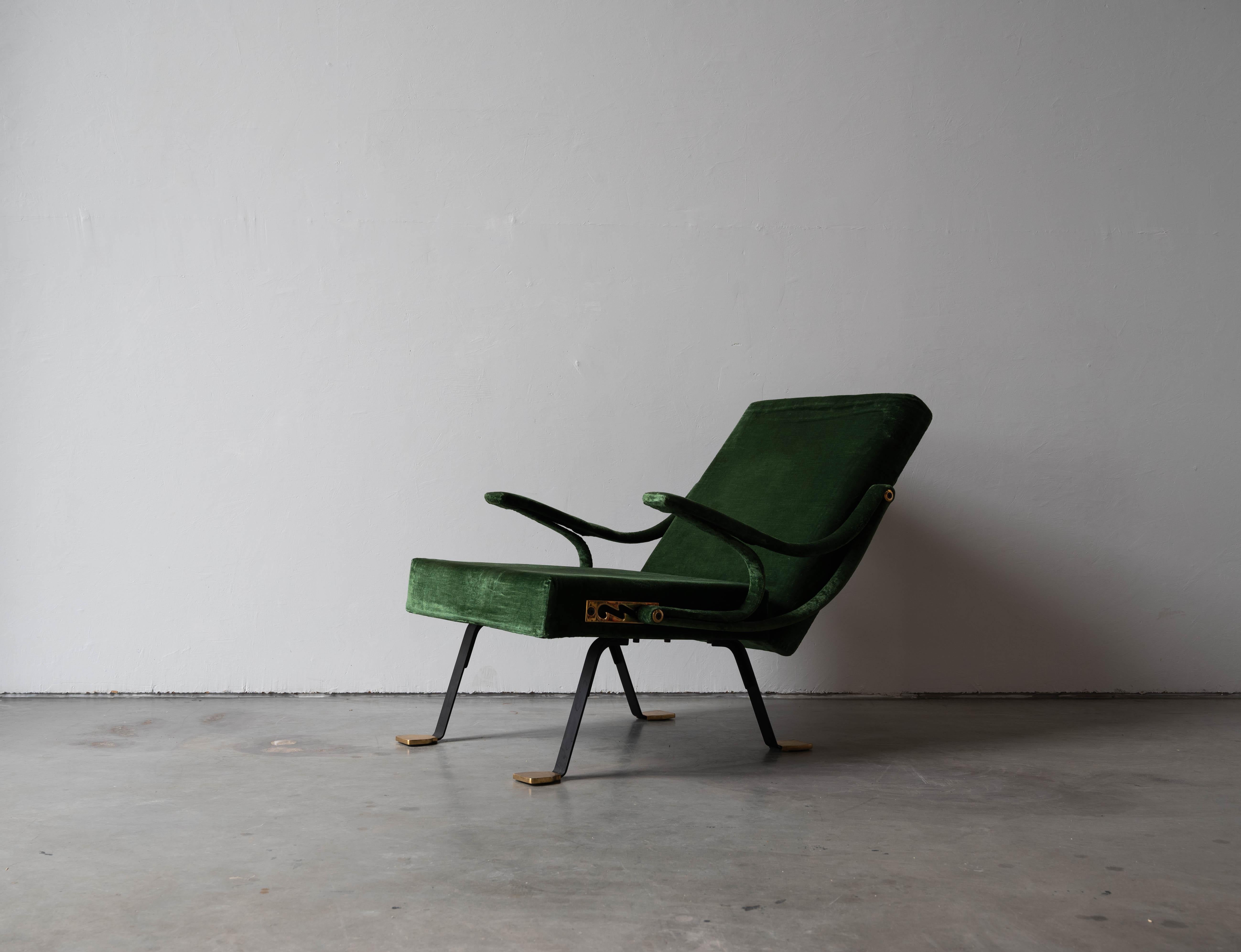 Mid-20th Century Ignazio Gardella, Lounge Chair, Brass, Metal, Green Velvet, Gavina, Italy, 1957