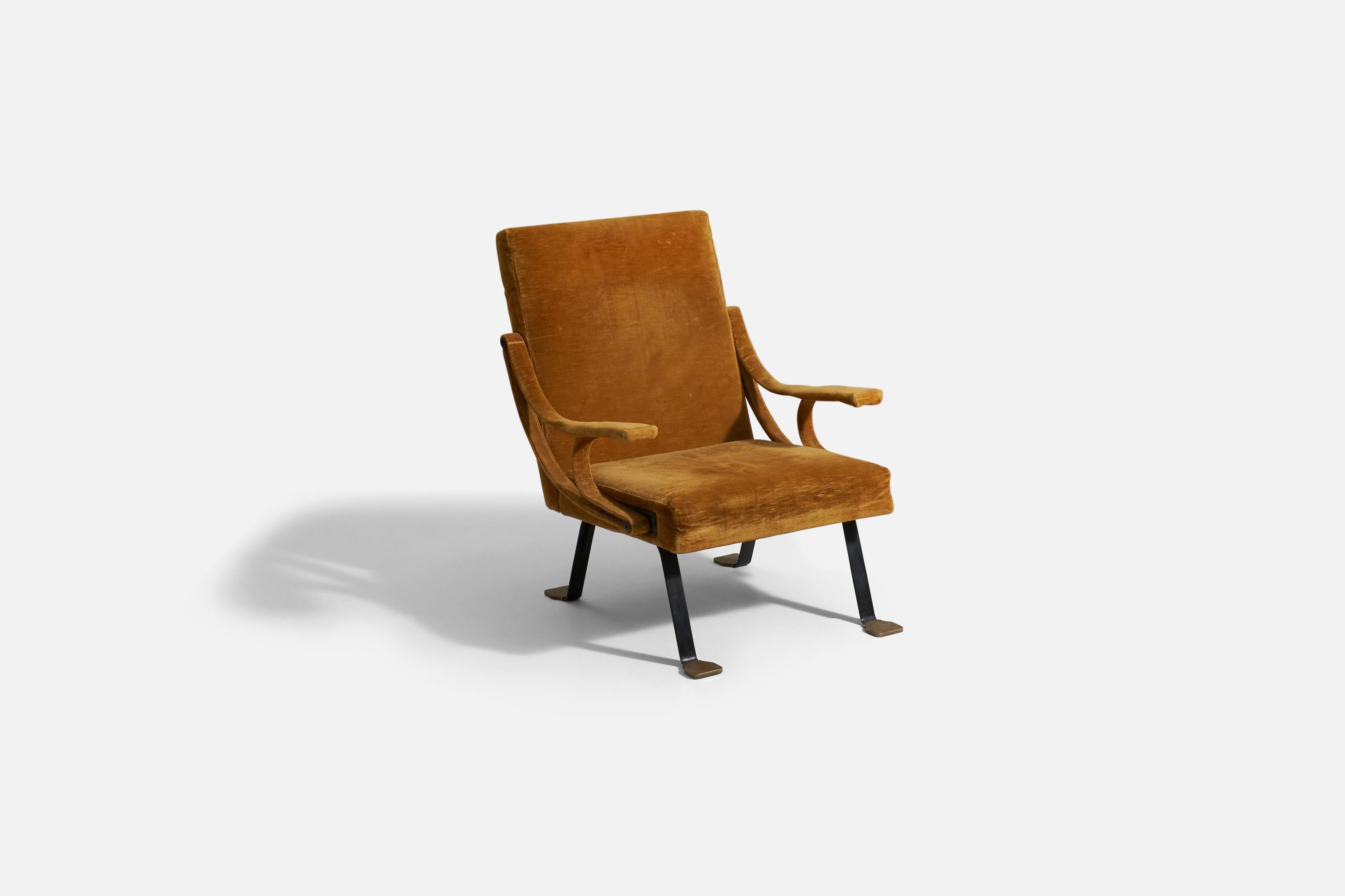 Mid-Century Modern Ignazio Gardella, Lounge Chair, Brass, Metal, Yellow Velvet, Gavina, Italy 1957 For Sale