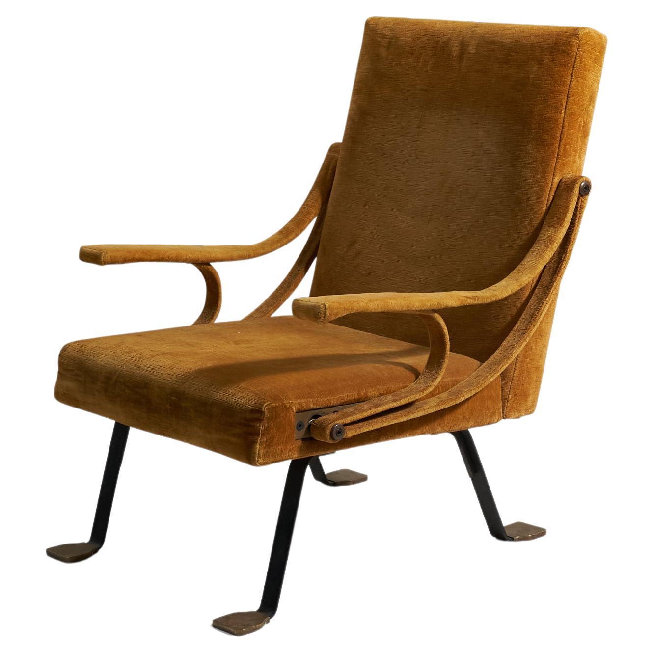 Ignazio Gardella, Lounge Chair, Brass, Metal, Yellow Velvet, Gavina, Italy 1957 For Sale