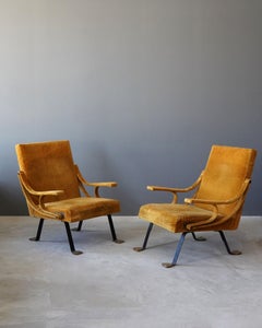 Ignazio Gardella, Lounge Chairs, Brass, Metal, Yellow Velvet, Gavina, Italy 1957