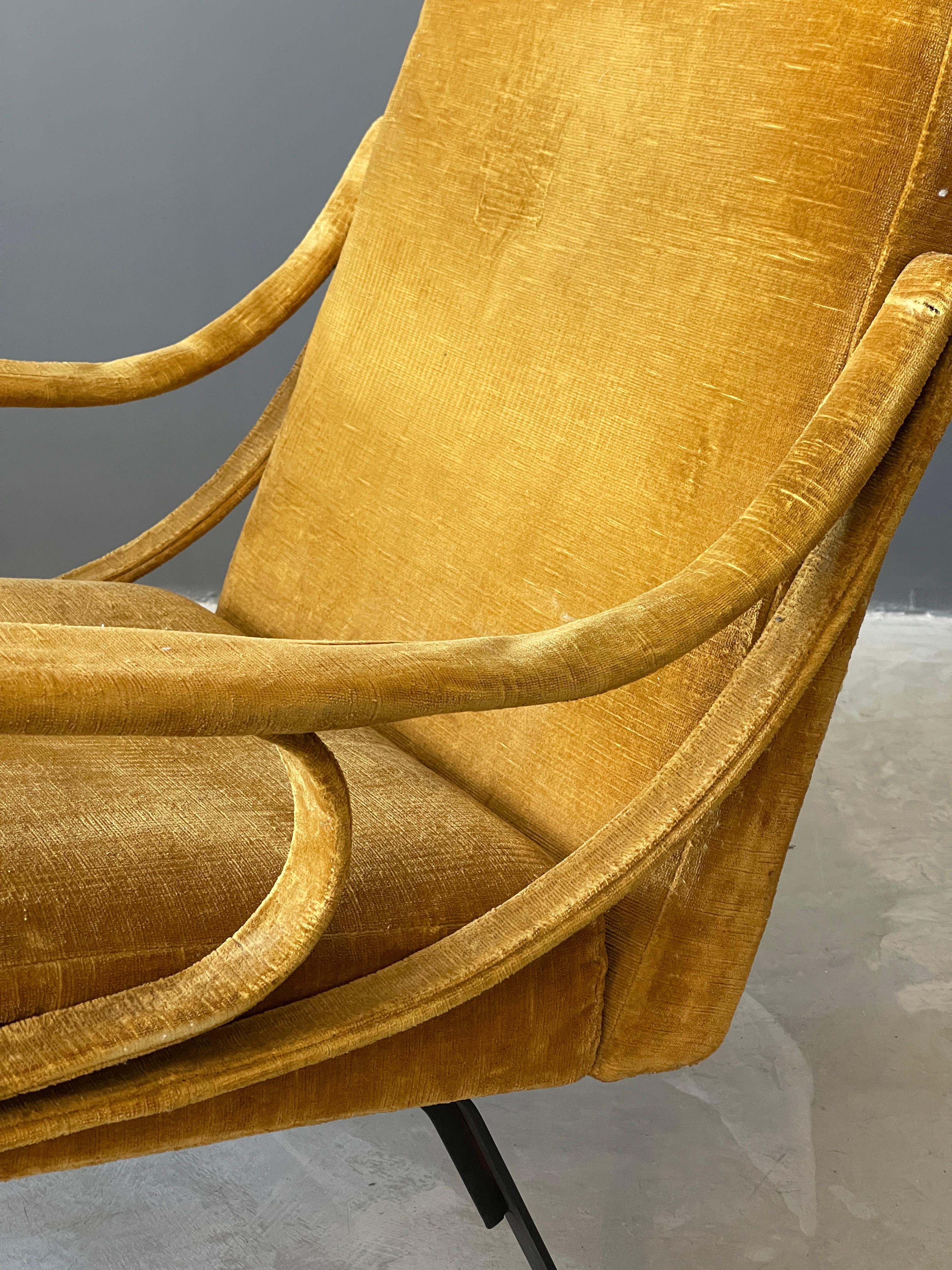 Italian Ignazio Gardella, Lounge Chairs, Brass, Metal, Yellow Velvet, Gavina, Italy 1957