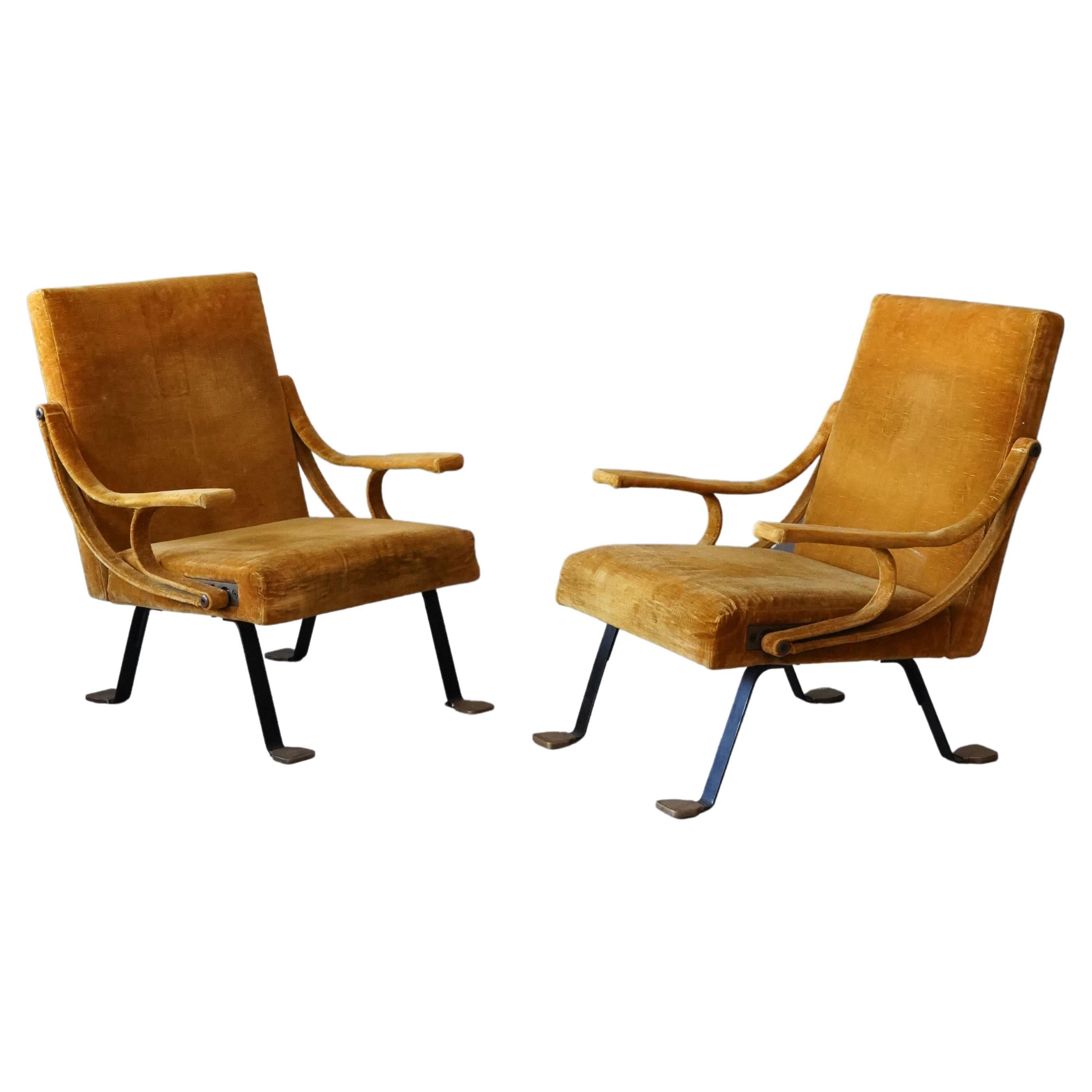 Ignazio Gardella, Lounge Chairs, Brass, Metal, Yellow Velvet, Gavina, Italy 1957