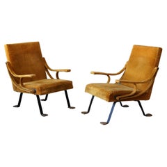 Ignazio Gardella, Lounge Chairs, Brass, Metal, Yellow Velvet, Gavina, Italy 1957