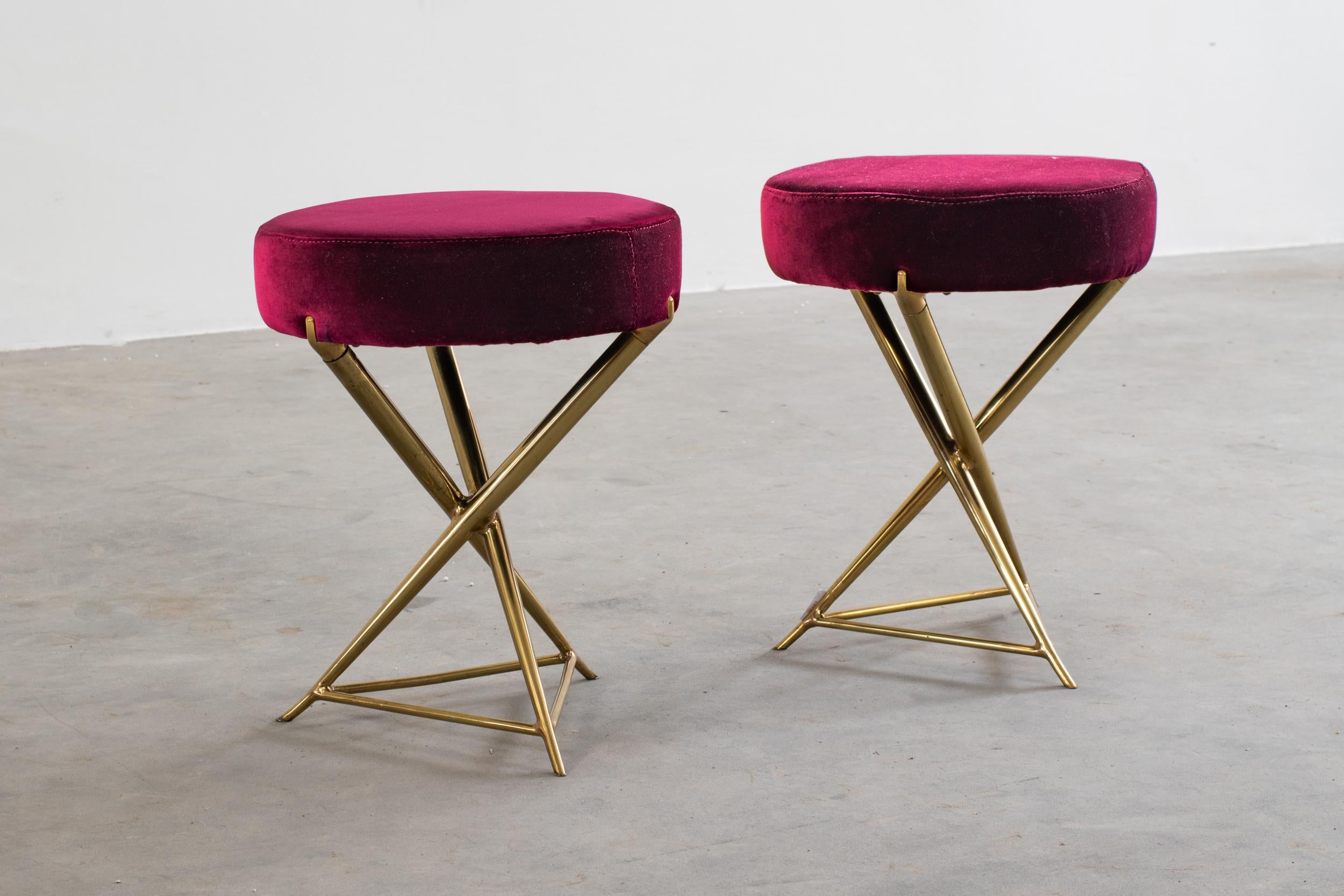Set of two stools with structure in brass upholstered in a beautiful dark red velvet designed by Ignazio Gardella, Italian manufacture, 1950s. 
    