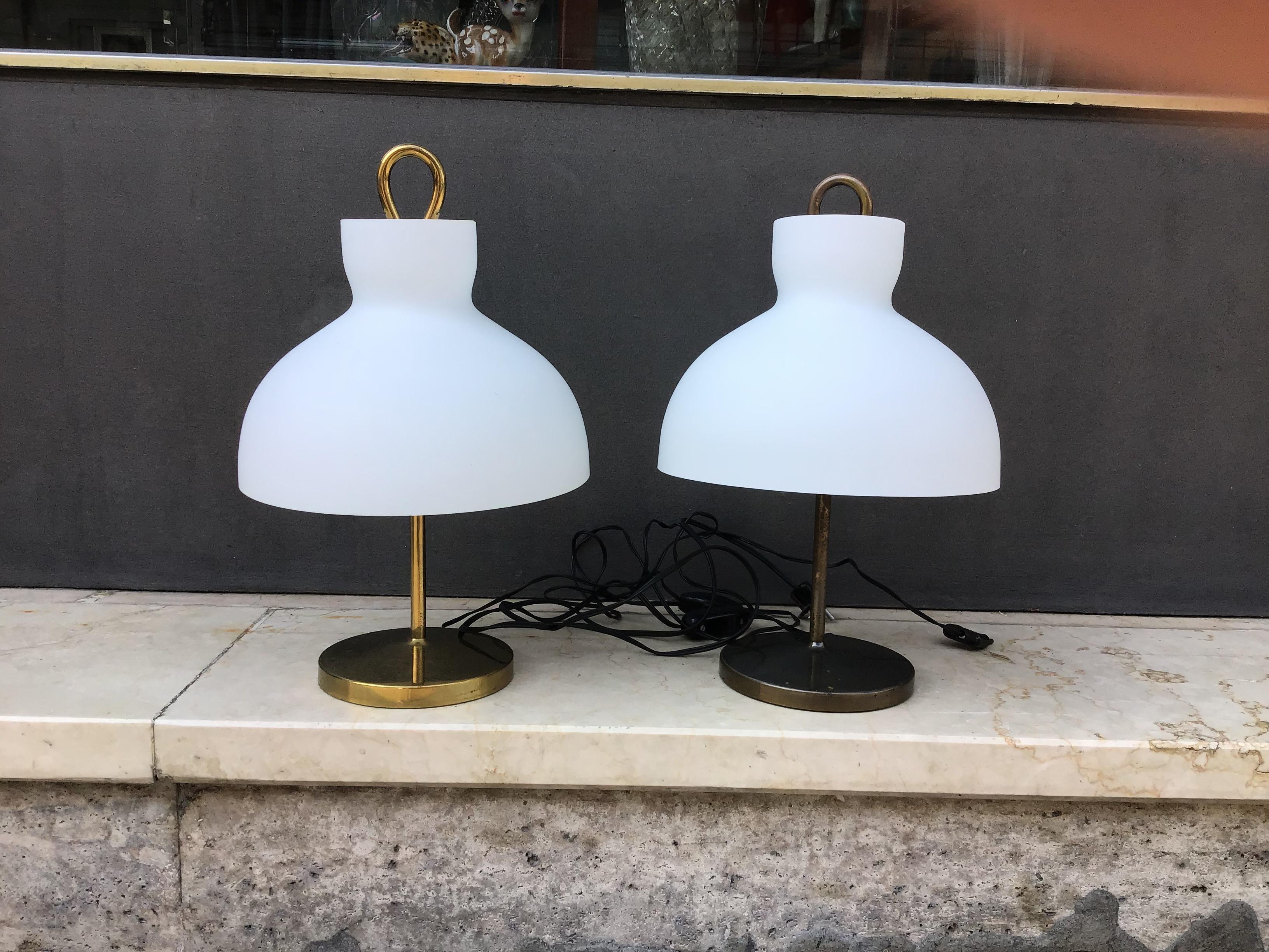 Mid-20th Century Ignazio Gardella Table Lamps Azucena Brass and Opaline Glass 1950 Italy For Sale