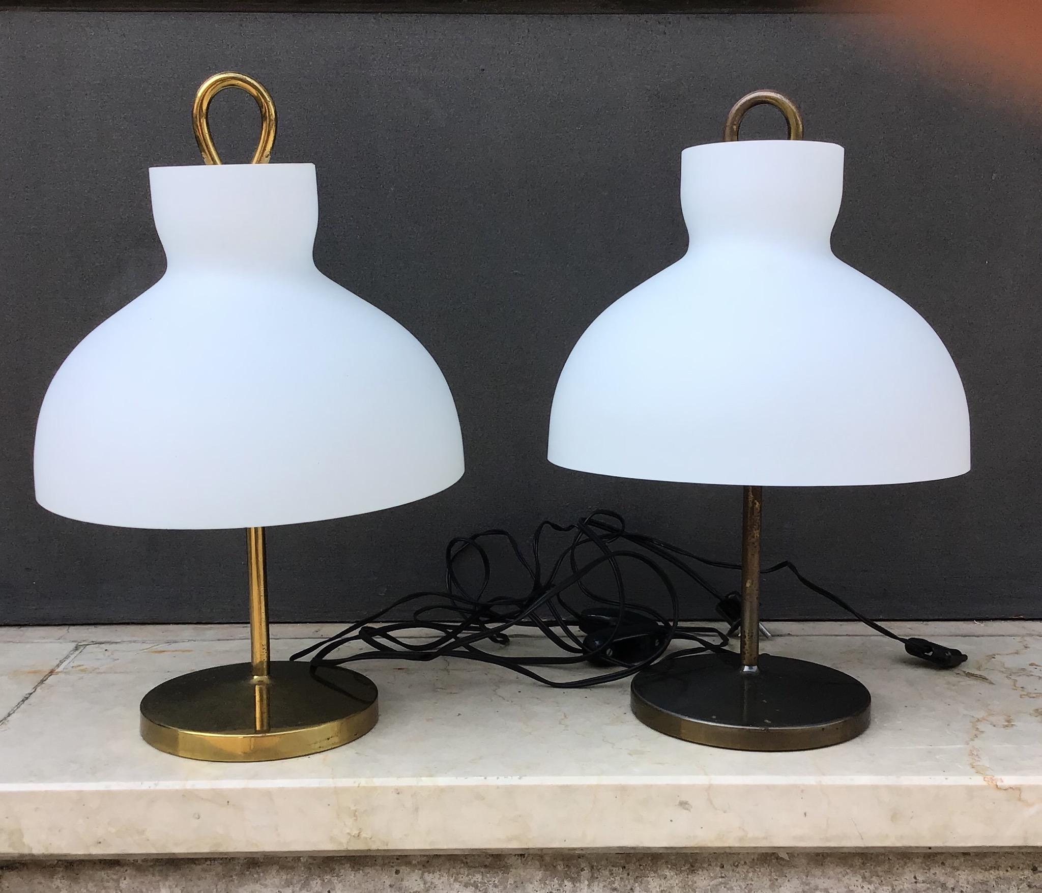 Ignazio Gardella Table Lamps Azucena Brass and Opaline Glass 1950 Italy For Sale 1