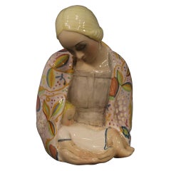 IGNI 20th Century Painted Ceramic Italian Sculpture Mum and Child, 1970
