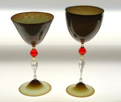 Igor Balbi Murano Pauly Venice Pair of Marbelized Goblets Red Ball Filigree Stem