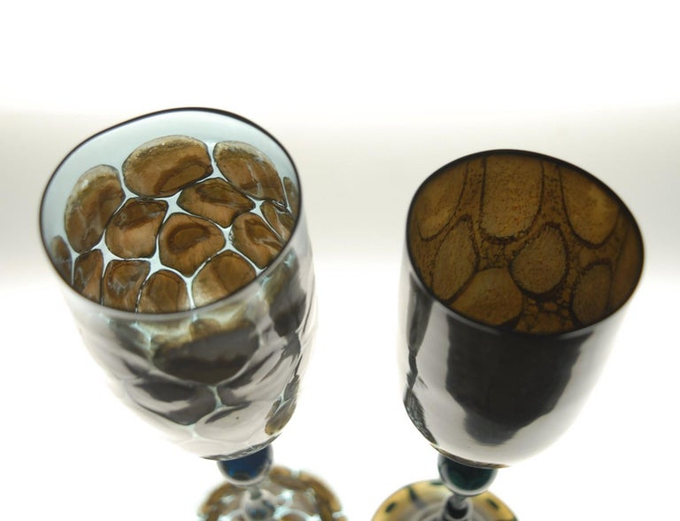Modern Igor Balbi Murano Pauly Venice Pair of Turtoise Murano Glass Goblets For Sale