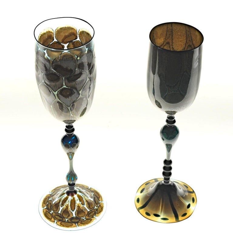 Italian Igor Balbi Murano Pauly Venice Pair of Turtoise Murano Glass Goblets For Sale