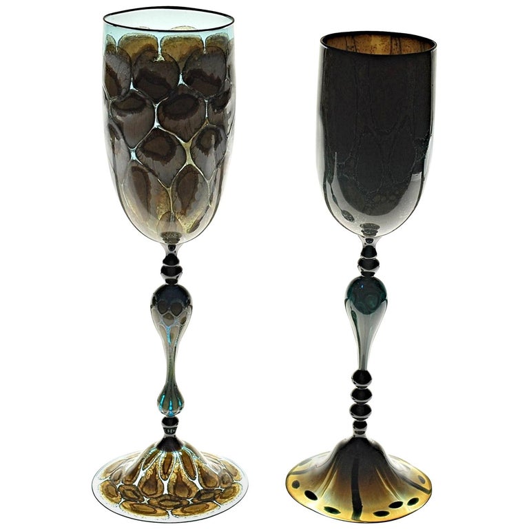 Igor Balbi Murano Pauly Venice Pair of Turtoise Murano Glass Goblets For Sale