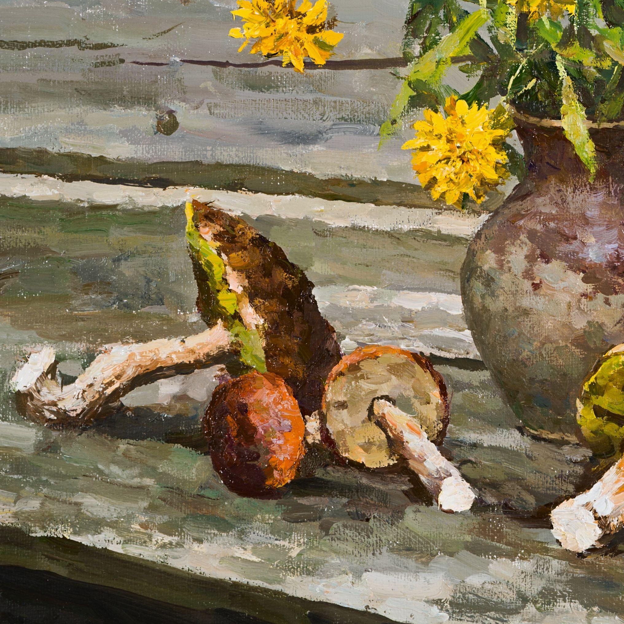 Title: Still Life with Porcini Mushrooms;  Year created: 2020;  Medium and support: Oil on canvas;  Dimensions: h 38 cm ├ù w 41 cm ├ù d 2,5 cm. :: Painting :: Realism :: This piece comes with an official certificate of authenticity signed by the