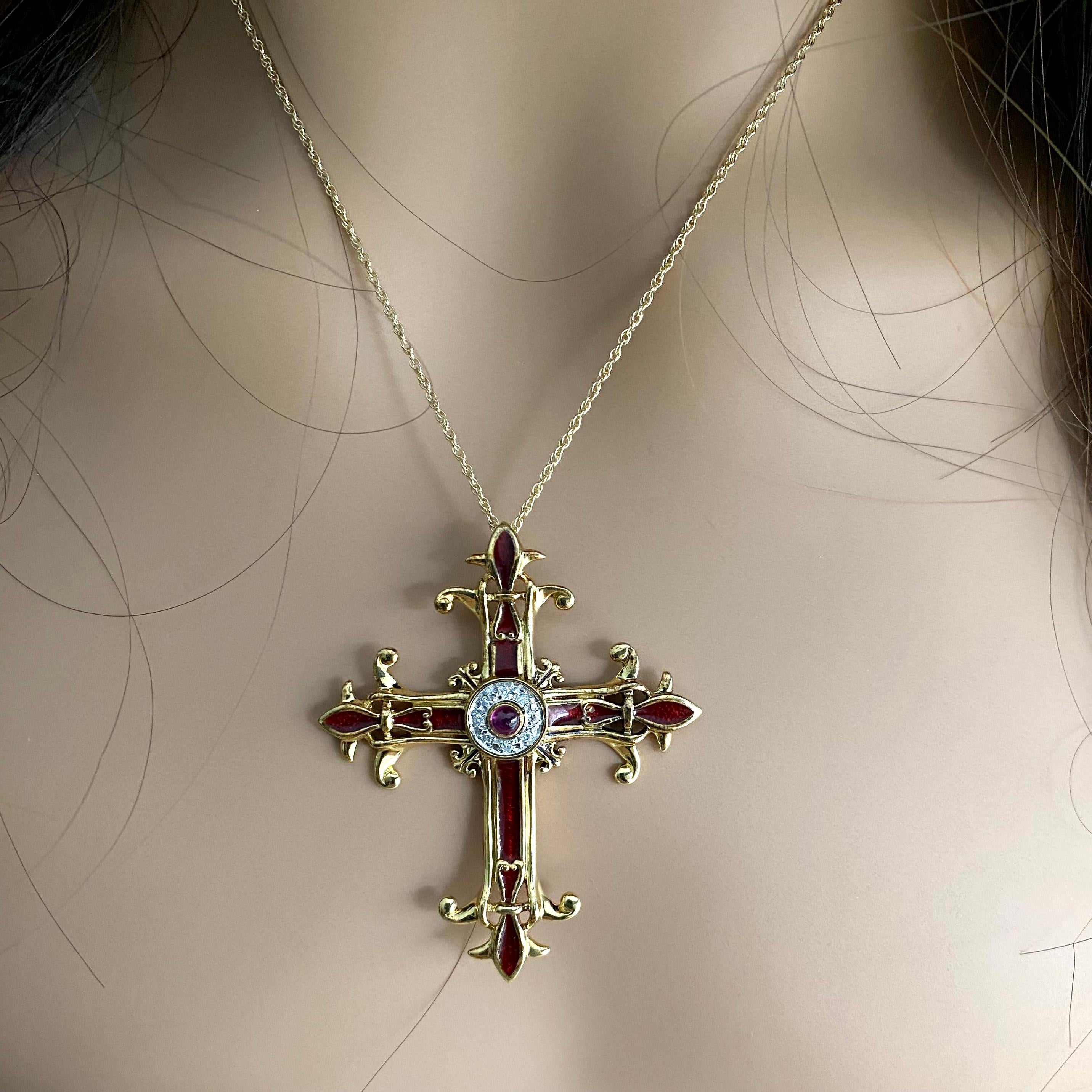 Igor Carl Faberge Diamond Ruby Red Enamel Imperial Yellow Gold Cross Necklace 4