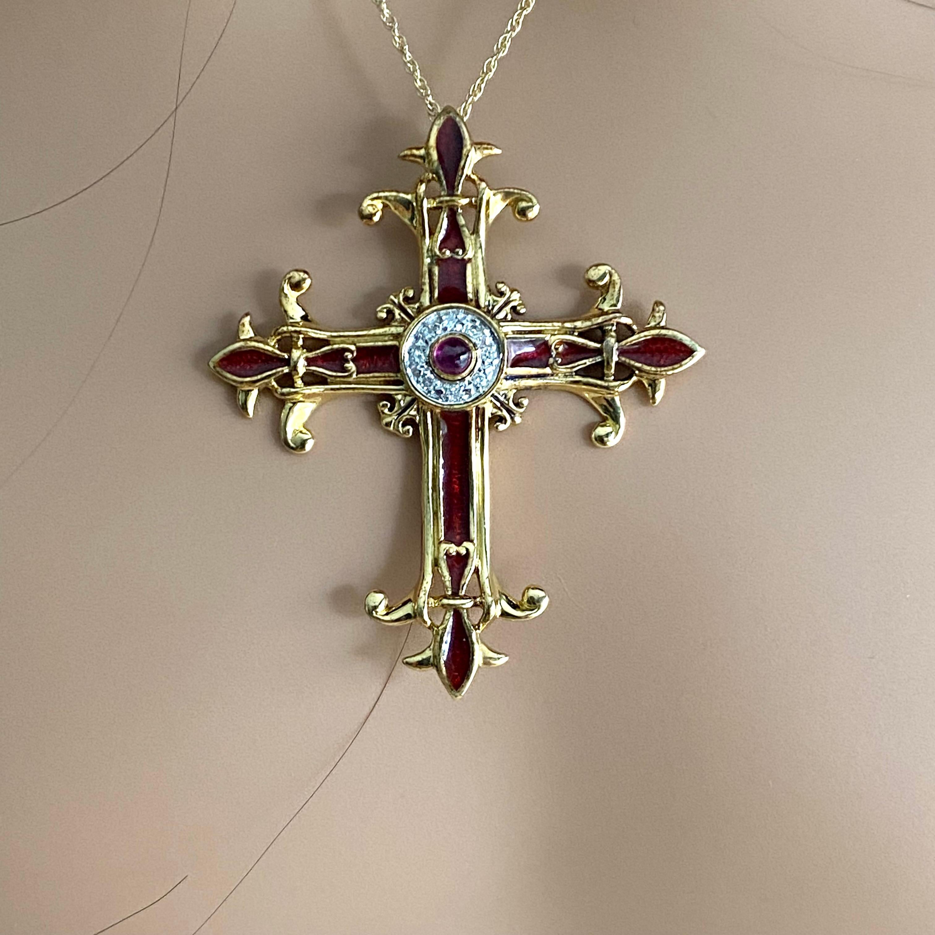 Igor Carl Faberge Diamond Ruby Red Enamel Imperial Yellow Gold Cross Necklace 5