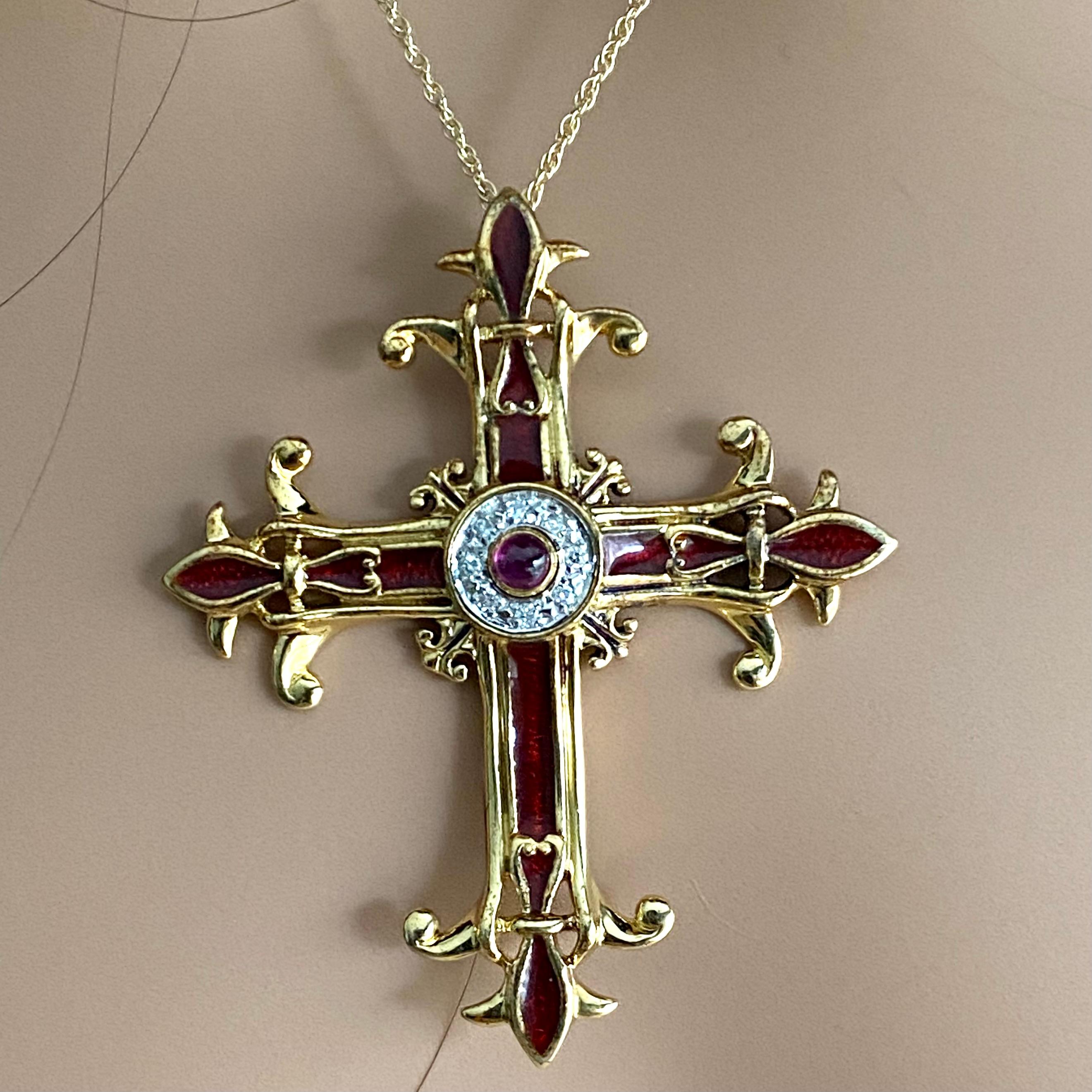 Igor Carl Faberge Diamond Ruby Red Enamel Imperial Yellow Gold Cross Necklace  2