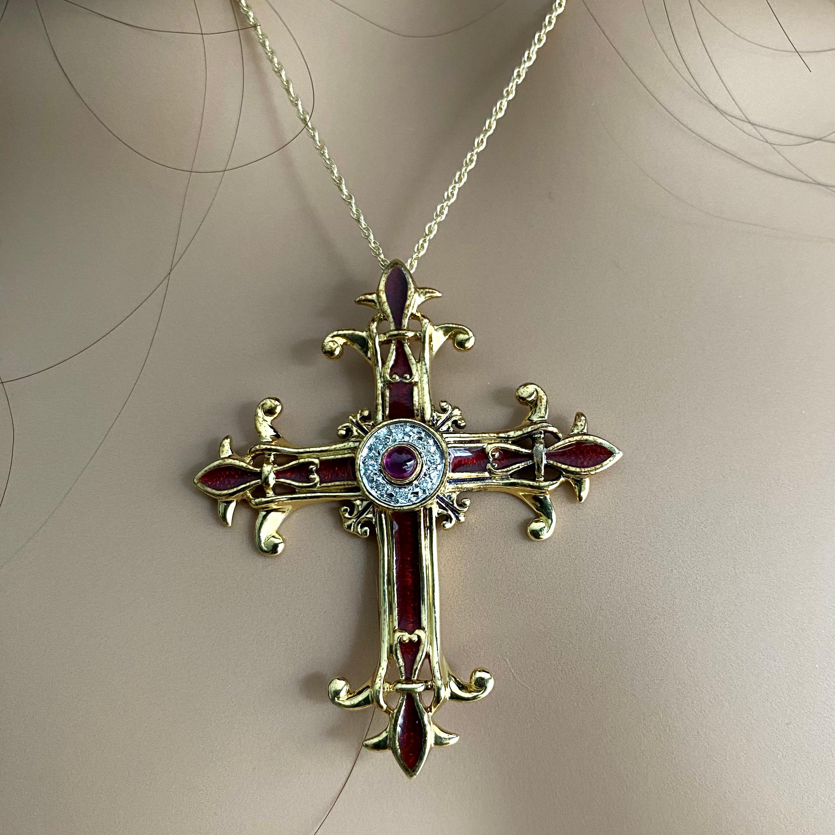Cabochon Igor Carl Faberge Diamond Ruby Red Enamel Imperial Yellow Gold Cross Necklace