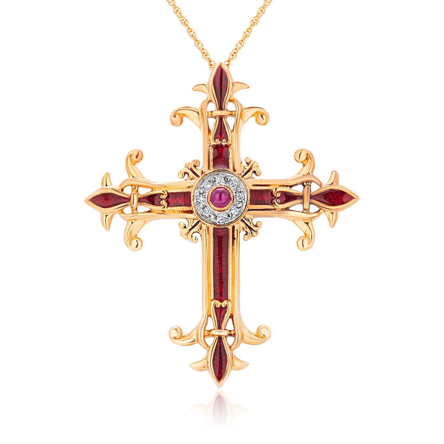 Russian Revival Igor Carl Faberge Diamond Ruby Red Enamel Imperial Yellow Gold Cross Necklace 