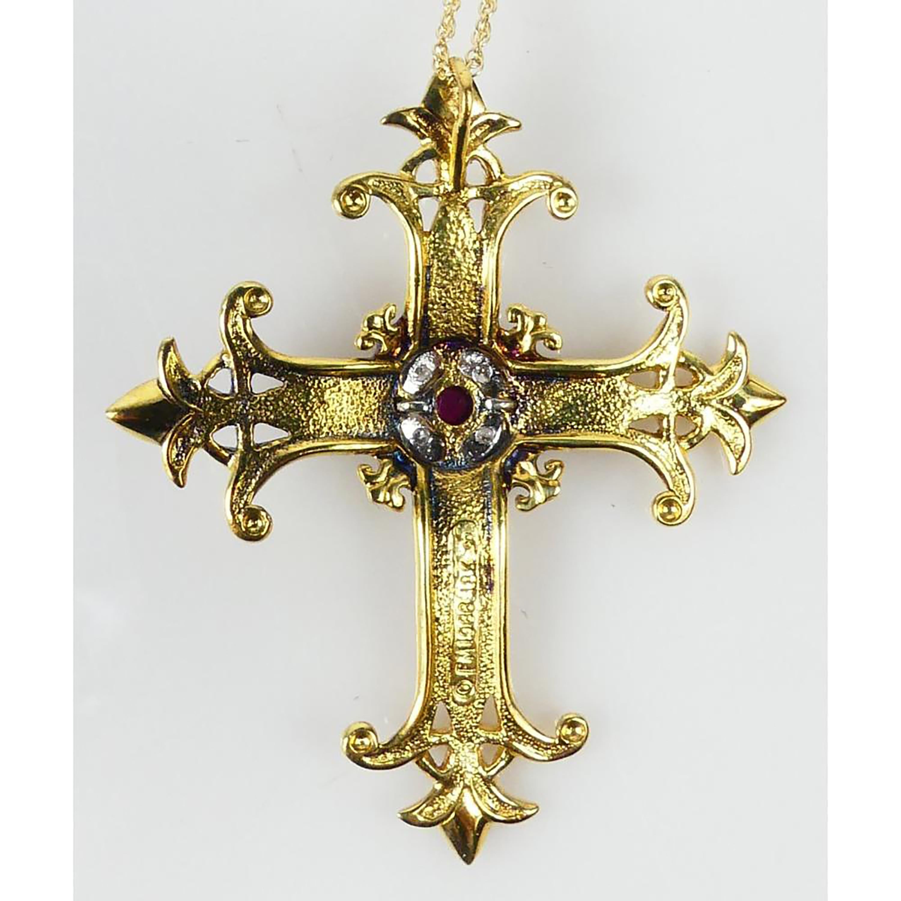 Igor Carl Faberge Diamond Ruby Red Enamel Imperial Yellow Gold Cross Necklace  In Good Condition In New York, NY