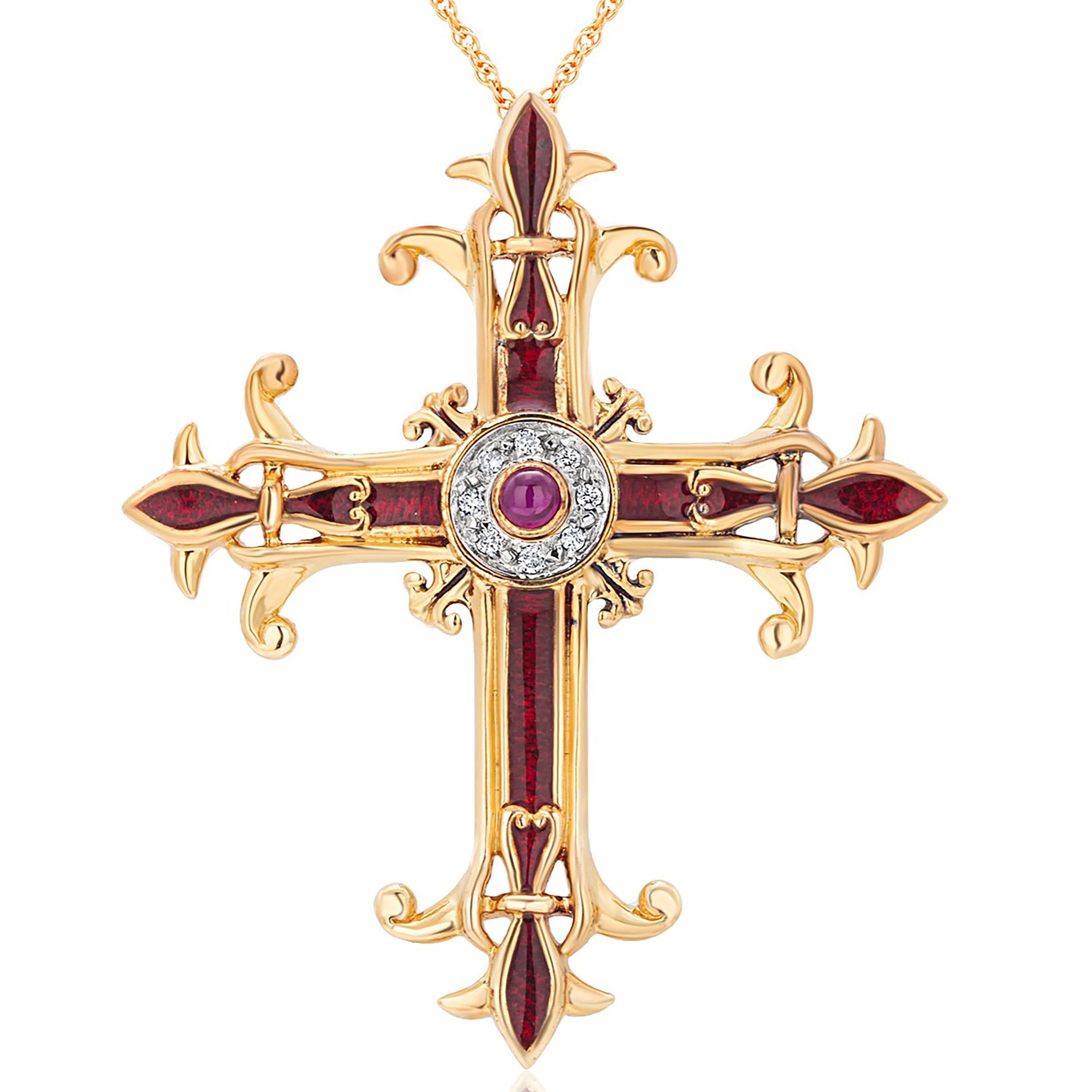 Women's or Men's Igor Carl Faberge Diamond Ruby Red Enamel Imperial Yellow Gold Cross Necklace 