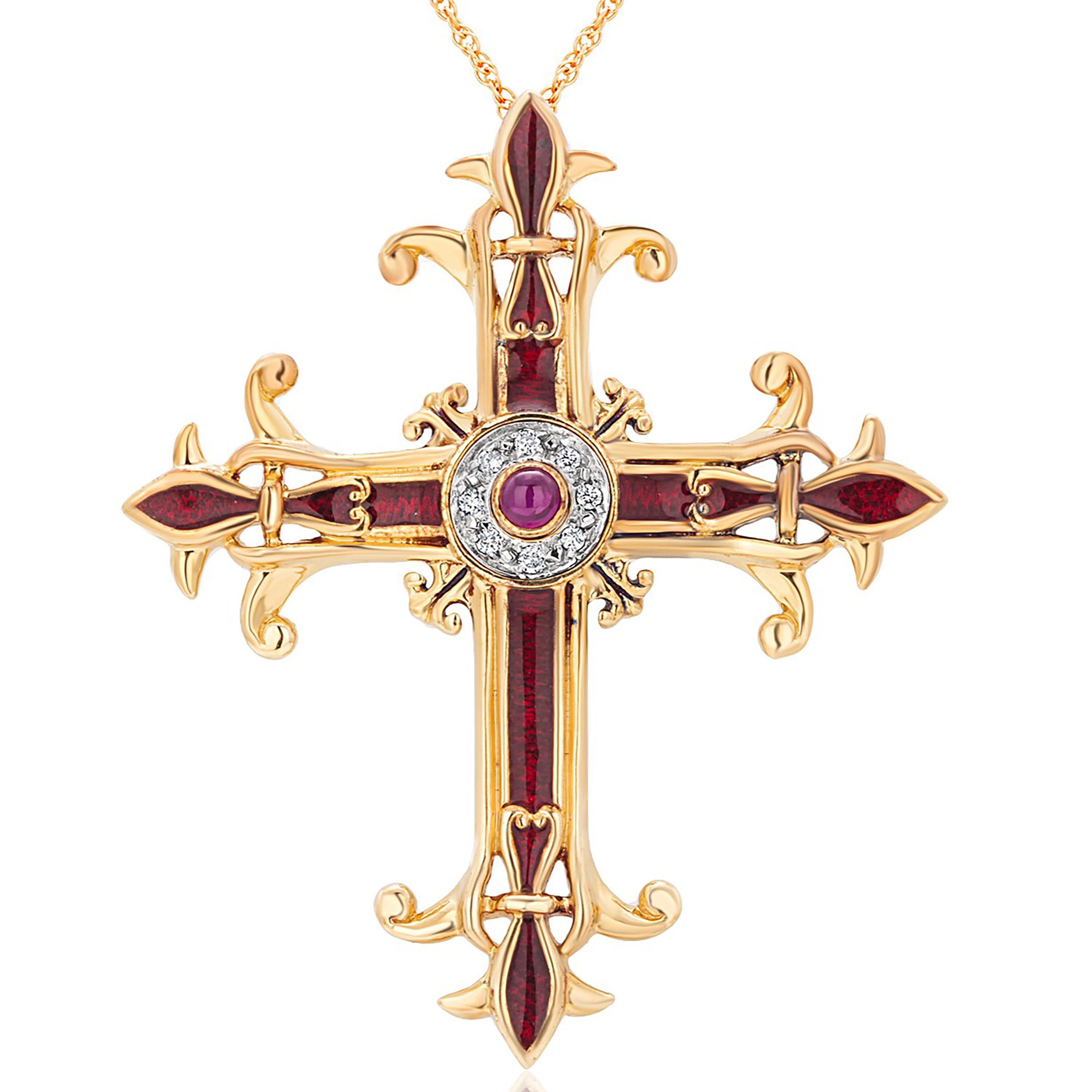 Women's or Men's Igor Carl Faberge Diamond Ruby Red Enamel Imperial Yellow Gold Cross Necklace