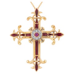 Igor Carl Faberge Diamond Ruby Red Enamel Imperial Yellow Gold Cross Necklace