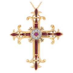 Igor Carl Faberge Collier croix impérial en or jaune avec diamants, rubis et émail rouge 