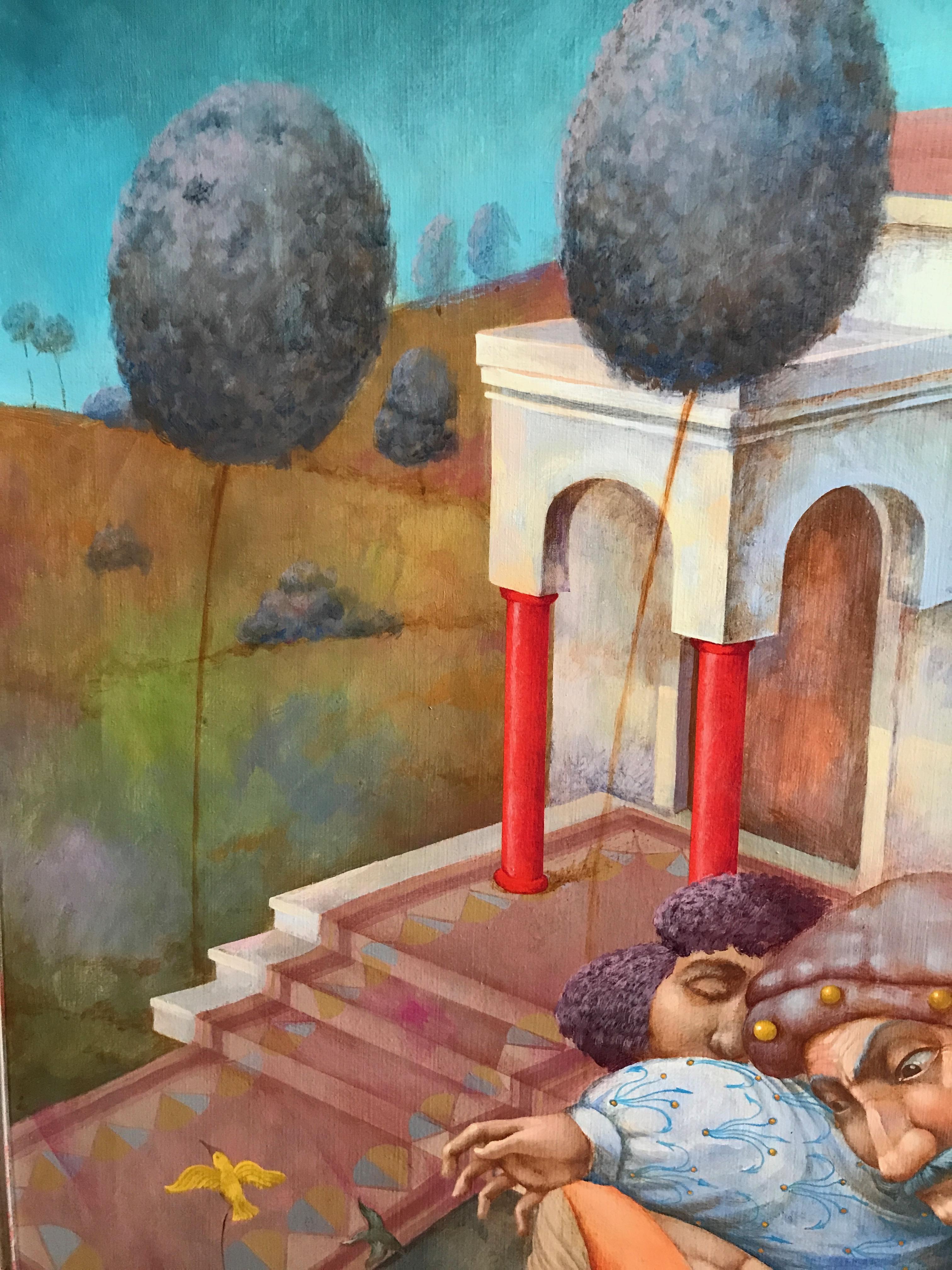 Kostacis mit seinen Kolibris. Figürliche Volksszene in Renaissance-Atmosphäre.
Acryl auf Leinwand.
Abmessungen in Zentimetern 81 x 100 x 2 cm. Gerahmt 105 x 124 x 5 cm.
Abmessungen in Zoll: 31.89 x 39.37 x 0.79 