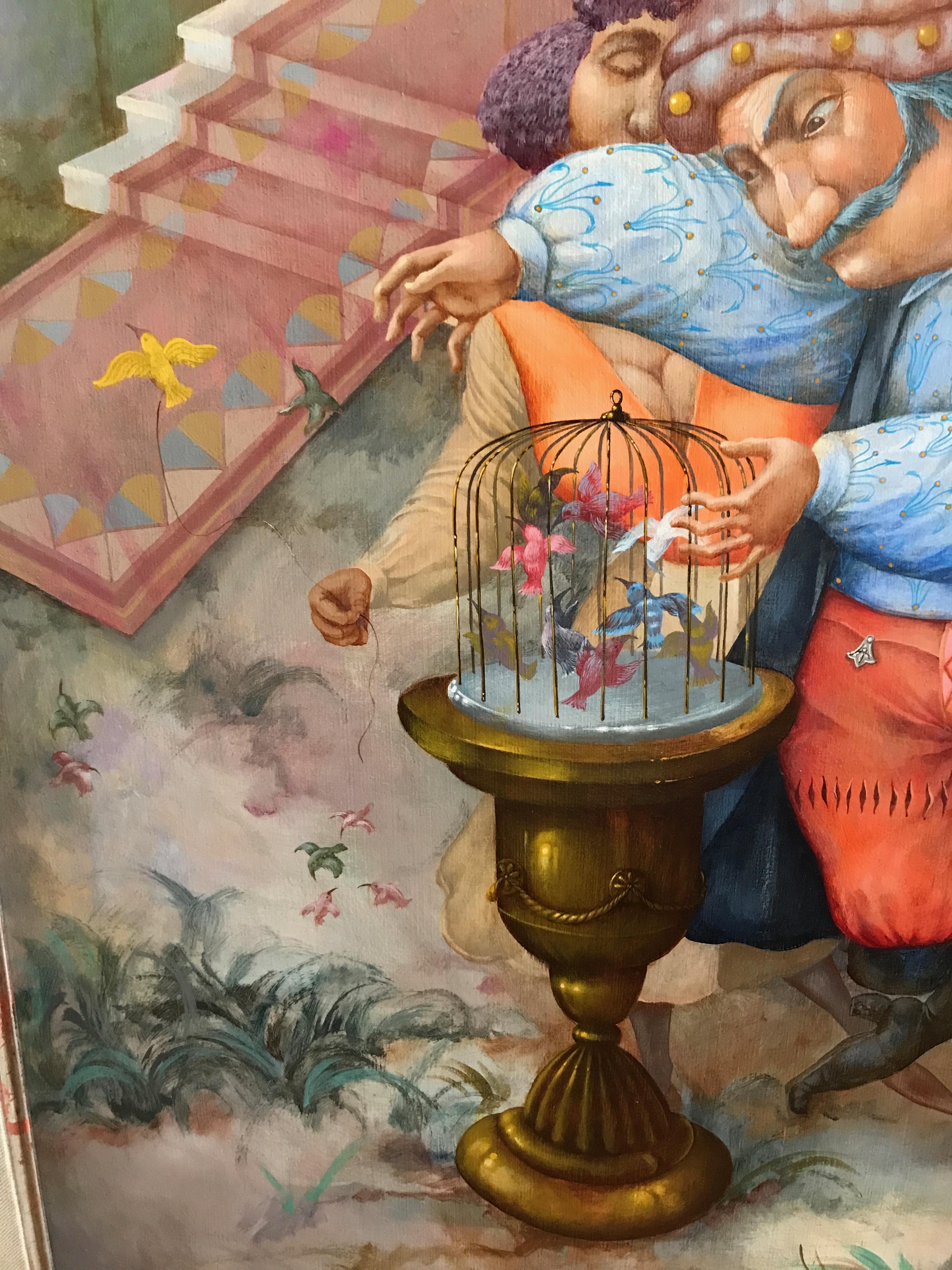 Kostacis con sus colibríes Escena figurativa popular en un ambiente renacentista en venta 2