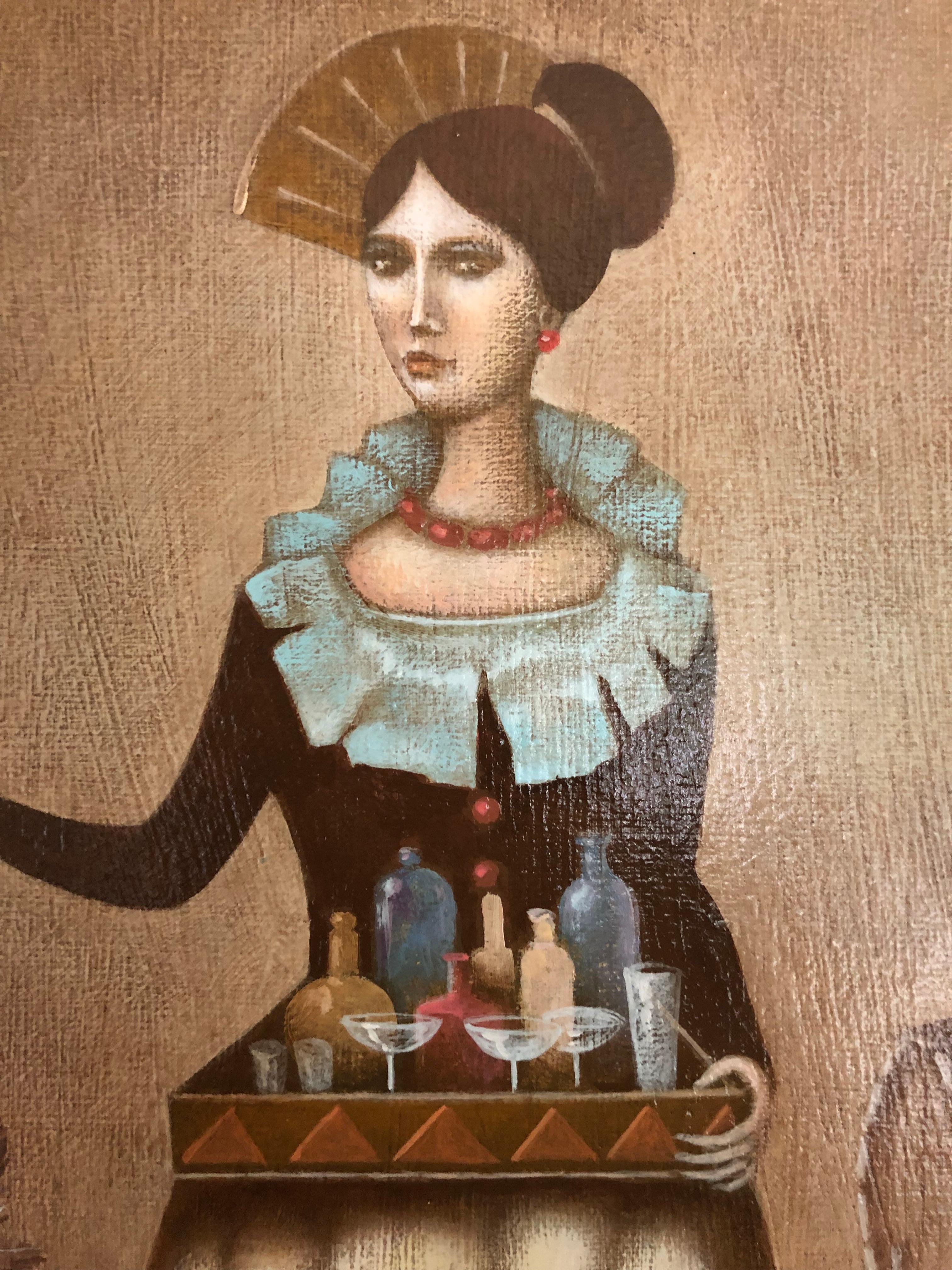 Saleswoman Liquor - fabriqué en brun, beige, couleur vin, clarté - Moderne Painting par Igor Fomin