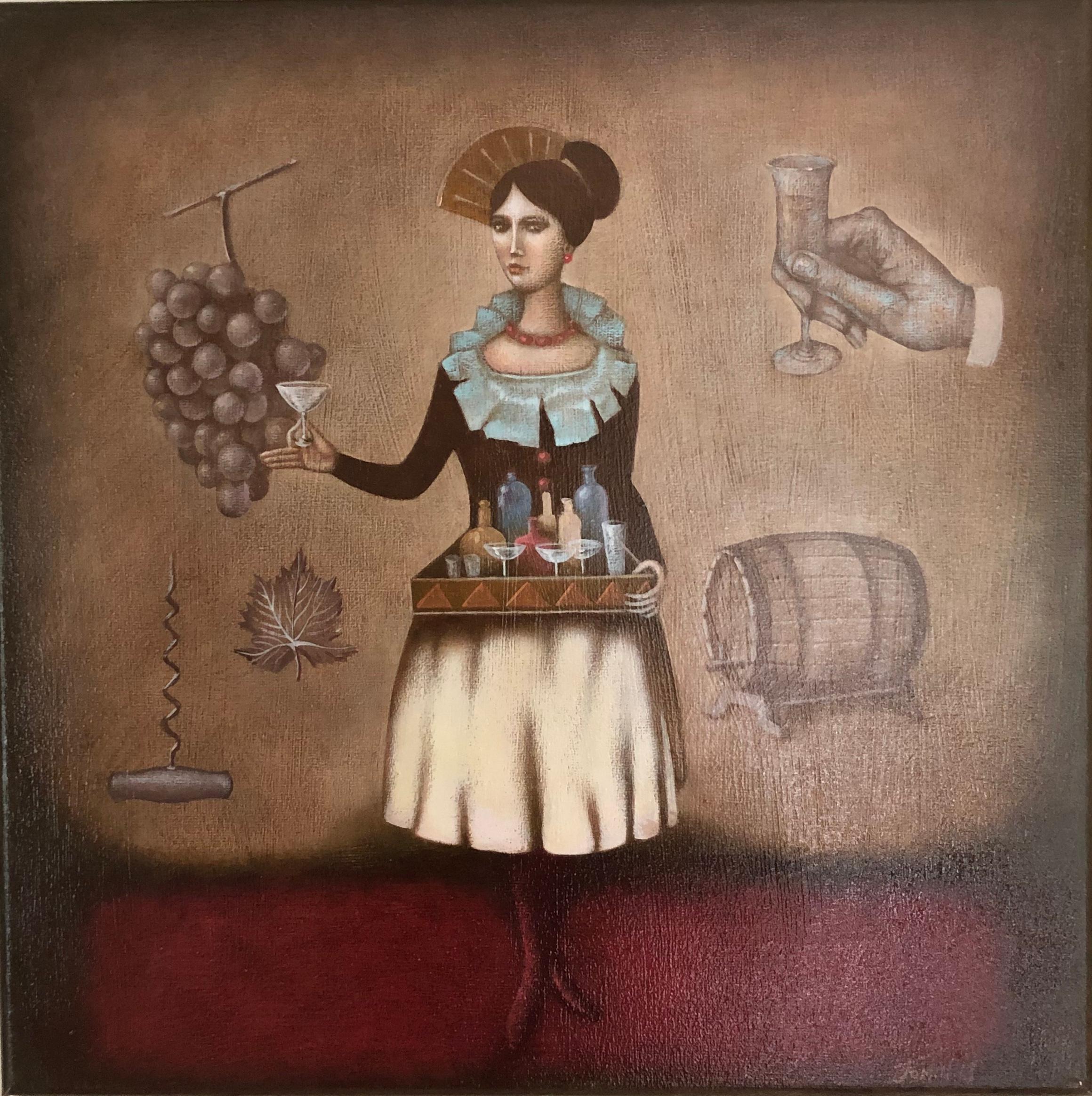 Igor Fomin Still-Life Painting - Liquor Saleswoman - made in brown, beige, wine-colored, claret
