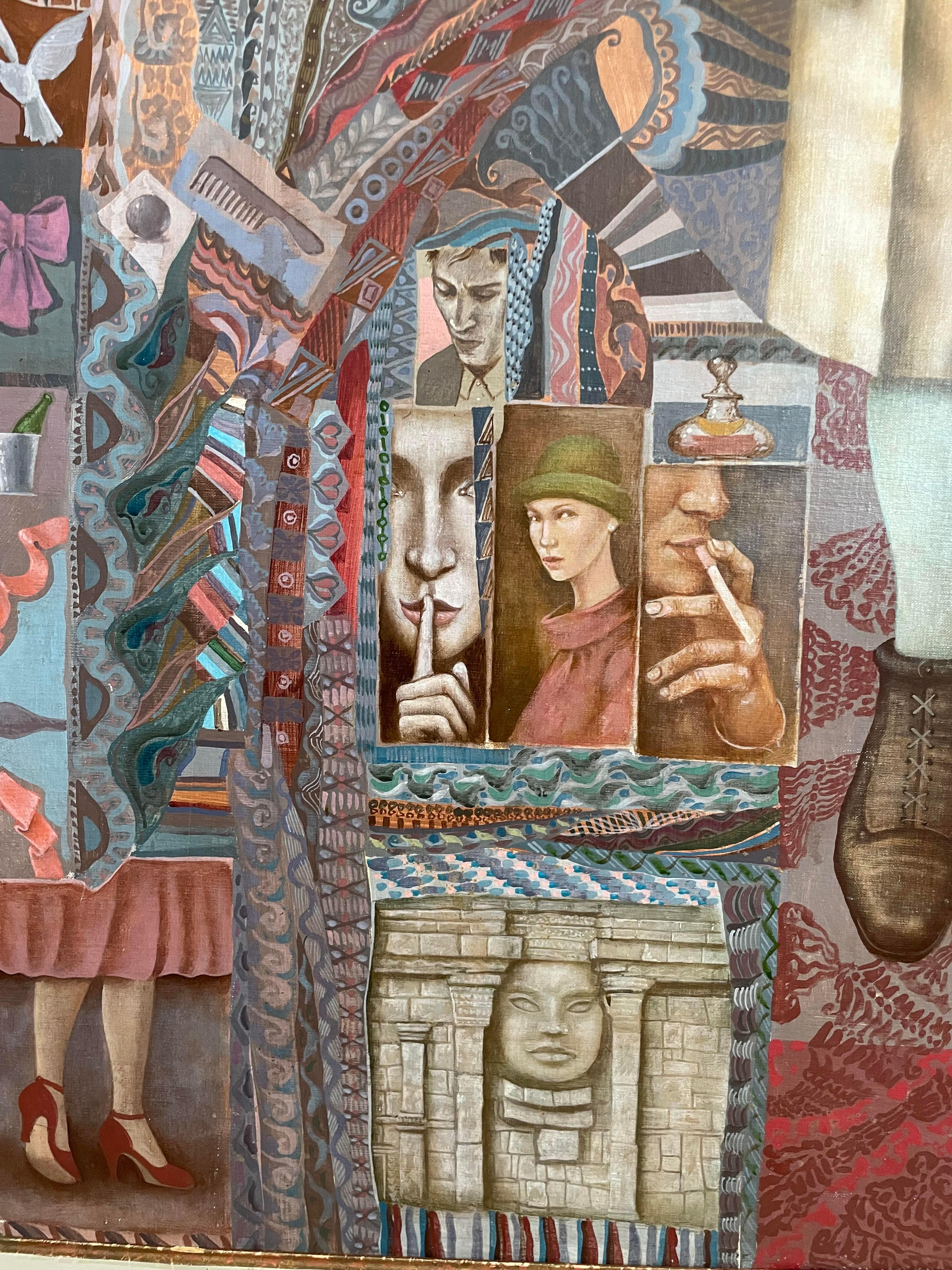 Amantes - paisaje de ciudad imaginaria realizado en beige, azul, gris en venta 1